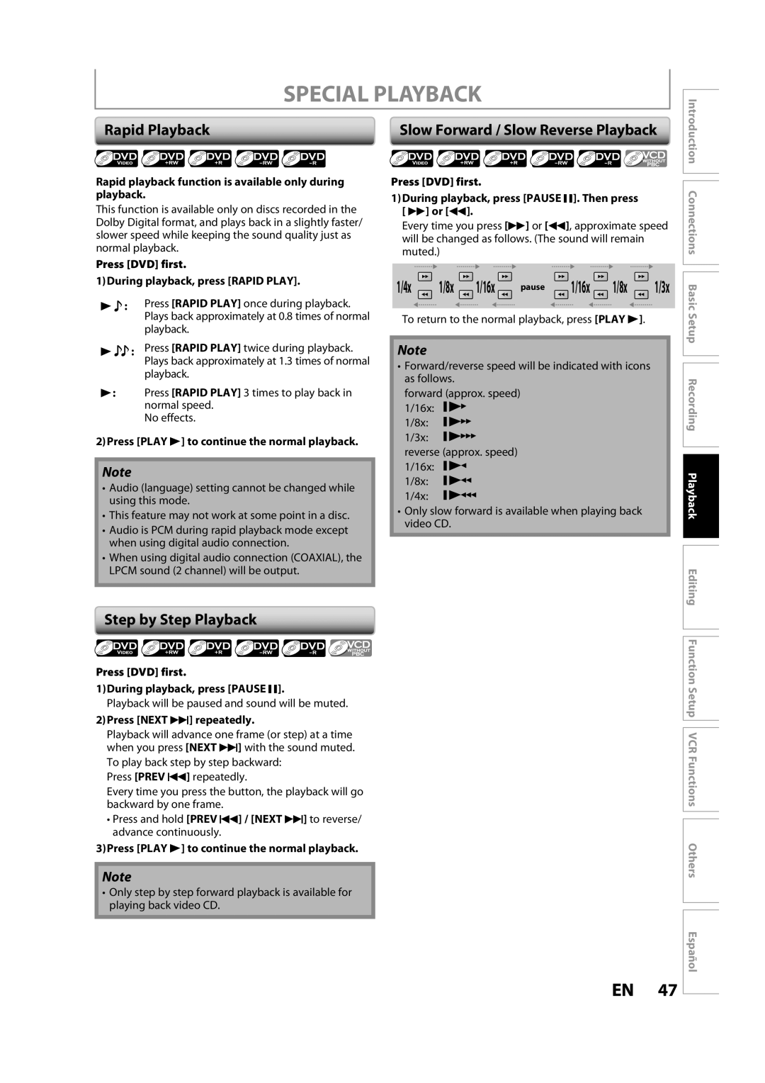 FUNAI BZV420MW8 Special Playback, Rapid Playback, Step by Step Playback, 16x, Slow Forward / Slow Reverse Playback 