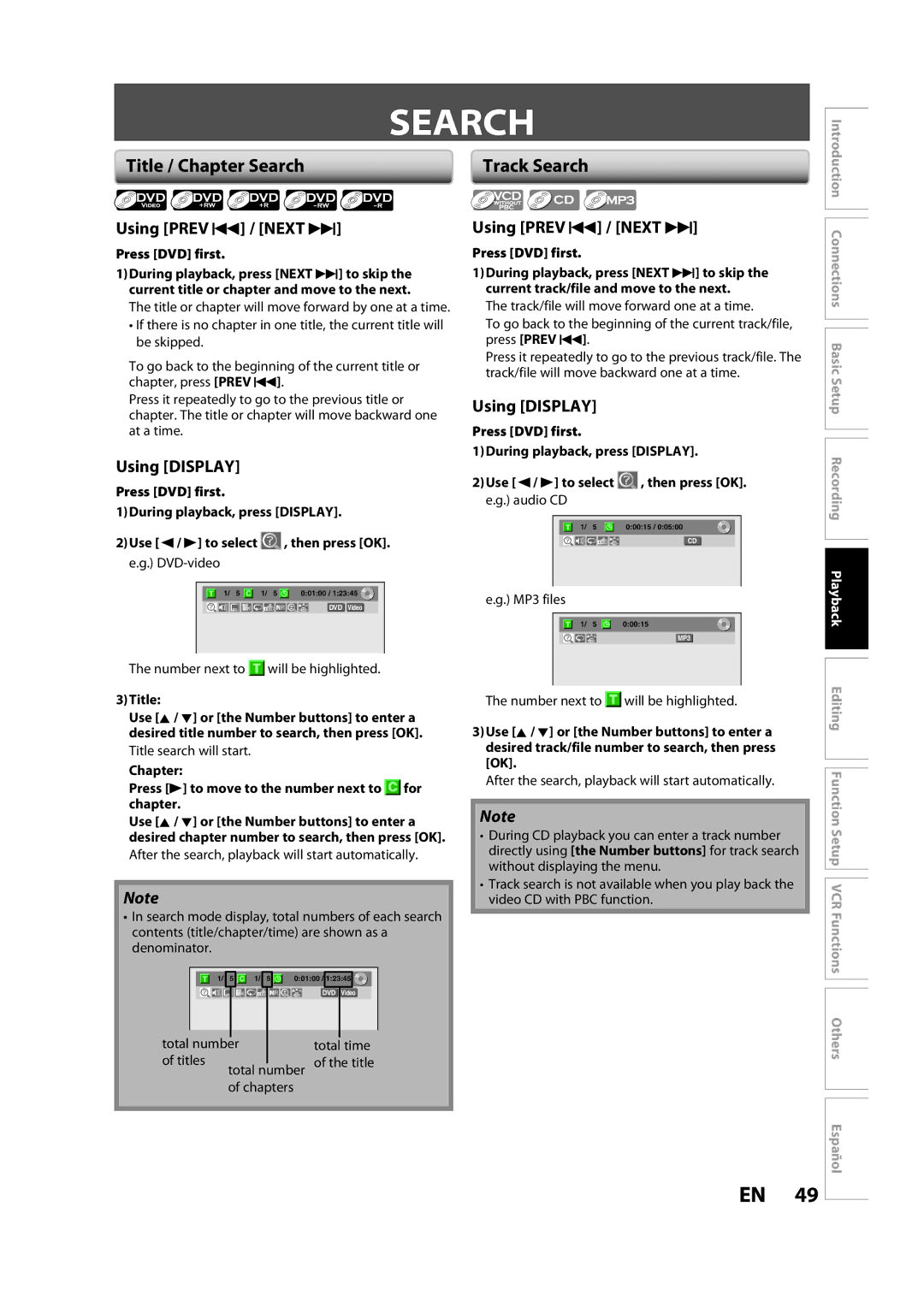 FUNAI BZV420MW8 owner manual Title / Chapter Search, Using Prev H / Next G, Using Display 