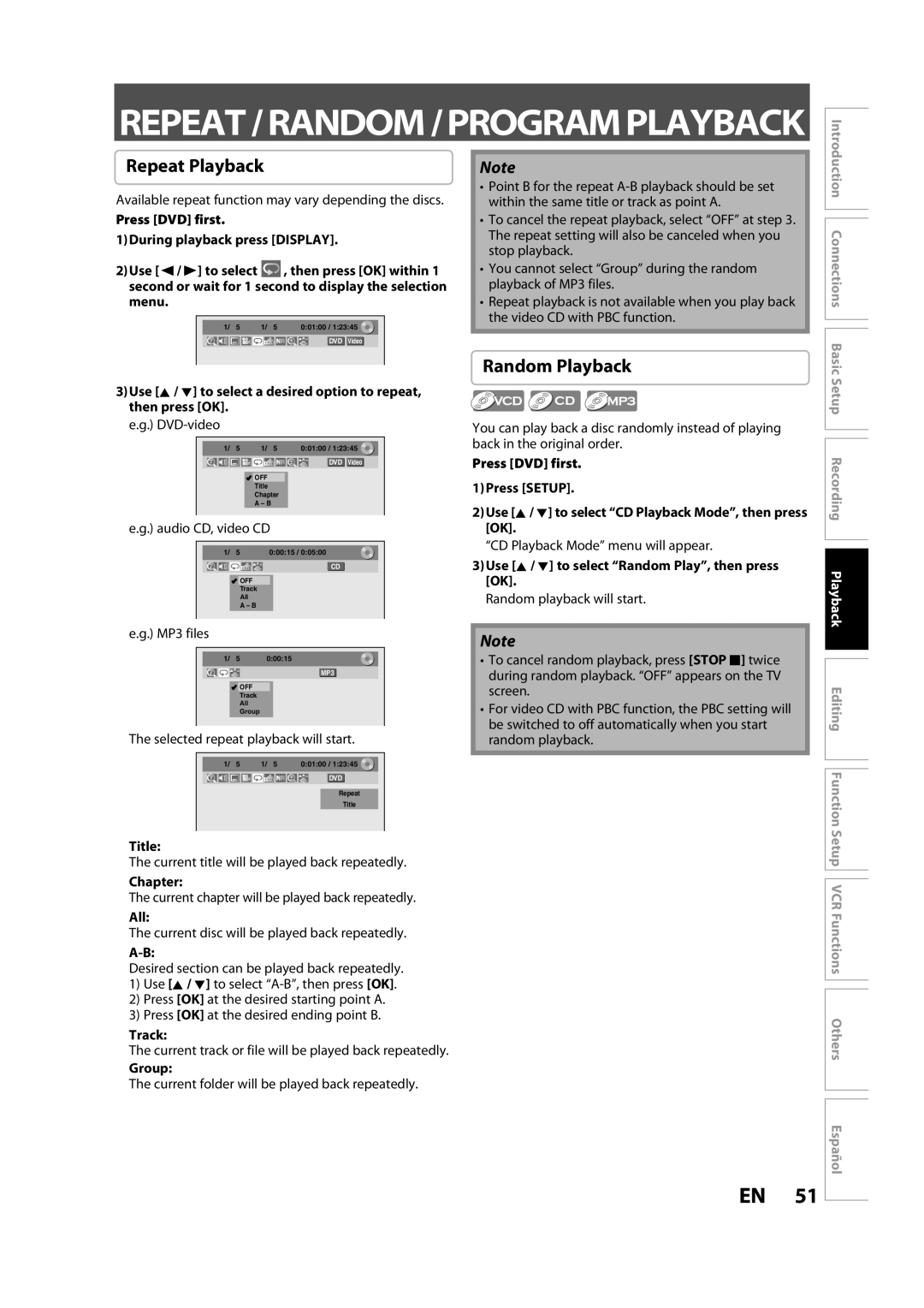 FUNAI BZV420MW8 owner manual Repeat Playback, Random Playback 