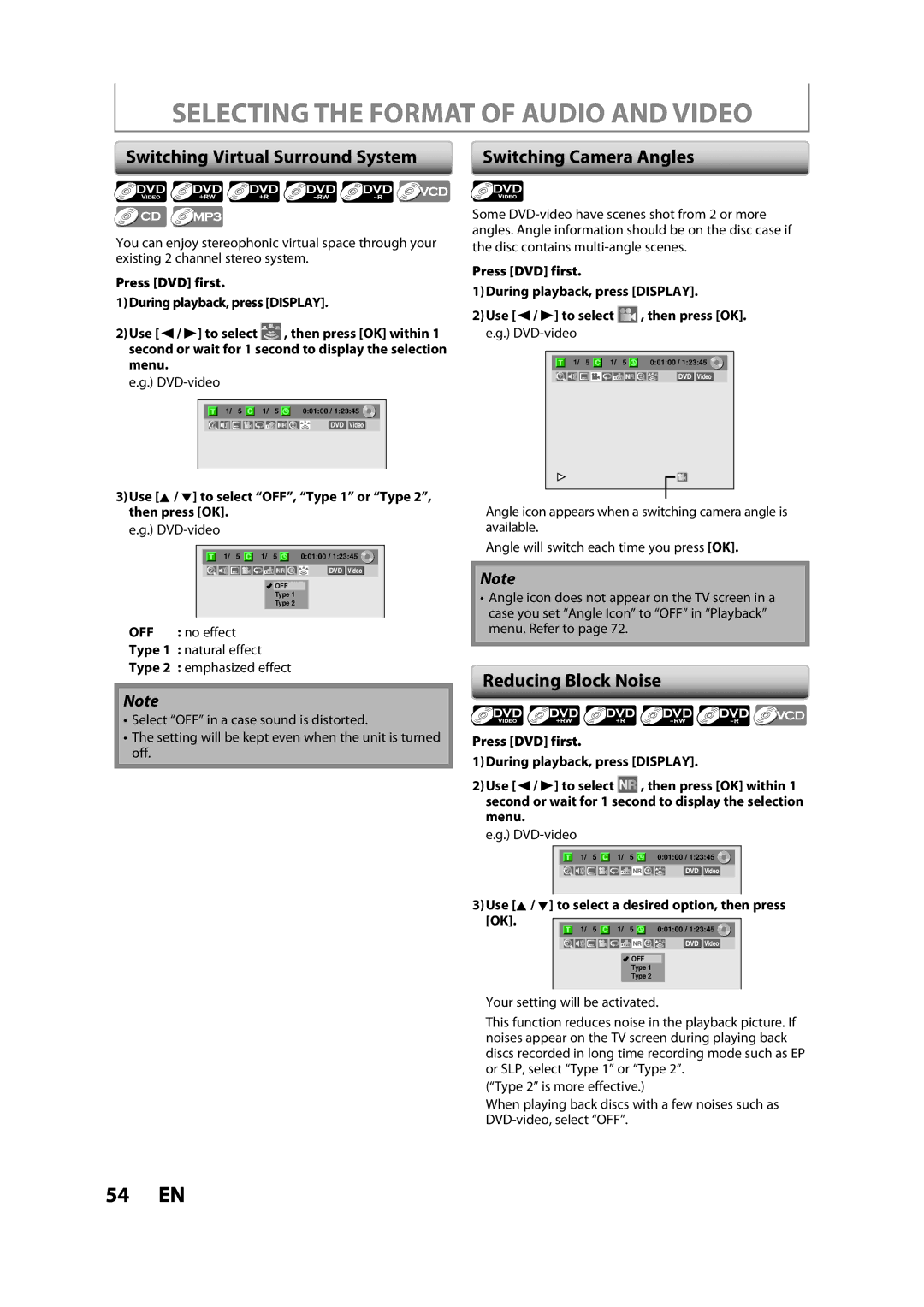 FUNAI BZV420MW8 Selecting the Format of Audio and Video, Switching Virtual Surround System, Reducing Block Noise 