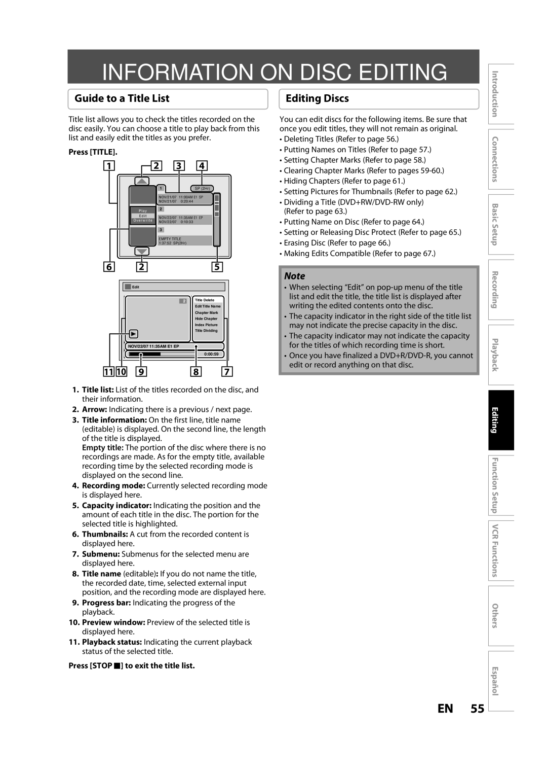 FUNAI BZV420MW8 owner manual Information on Disc Editing, Guide to a Title List, Editing Discs, Press Title 