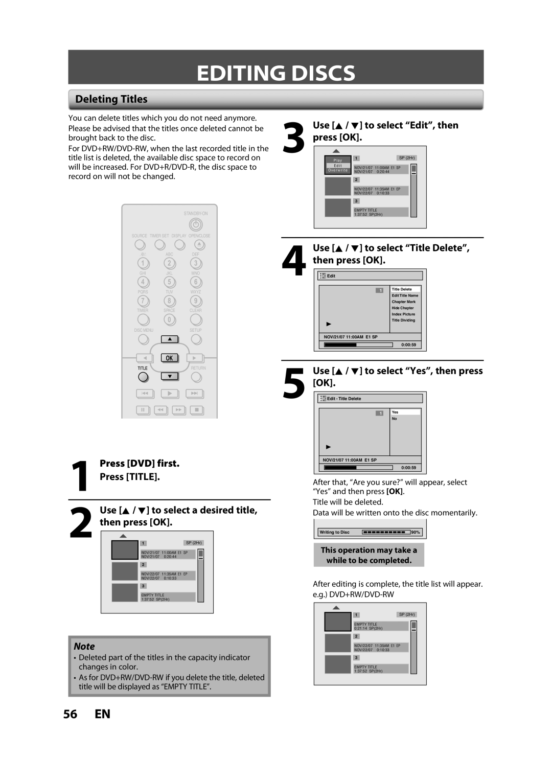 FUNAI BZV420MW8 owner manual Editing Discs, Deleting Titles, Use K / L to select Edit, then 