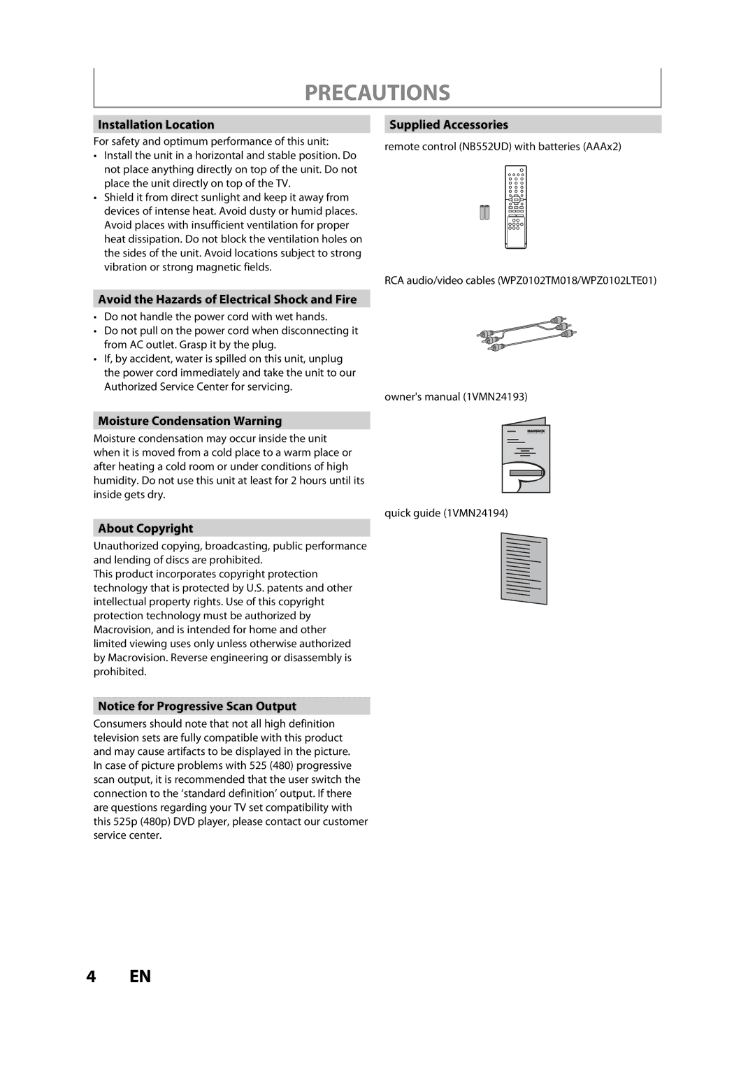 FUNAI BZV420MW8 owner manual Installation Location, Avoid the Hazards of Electrical Shock and Fire, Supplied Accessories 