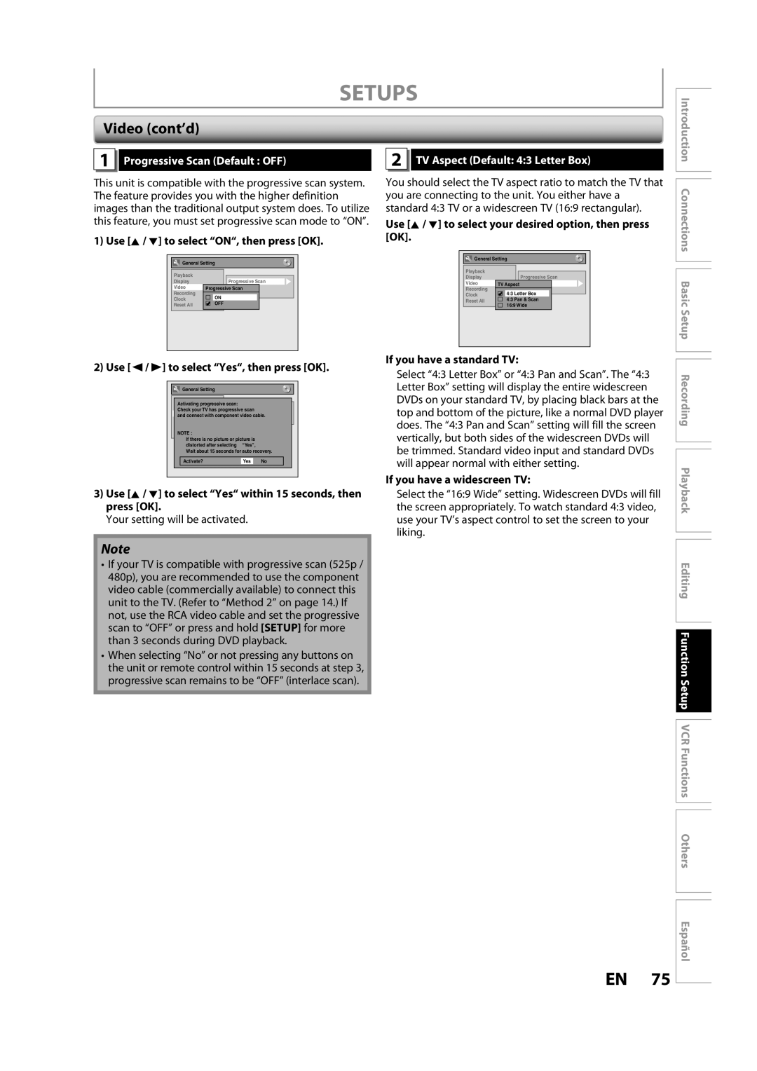 FUNAI BZV420MW8 owner manual Video cont’d, Progressive Scan Default OFF, TV Aspect Default 43 Letter Box 