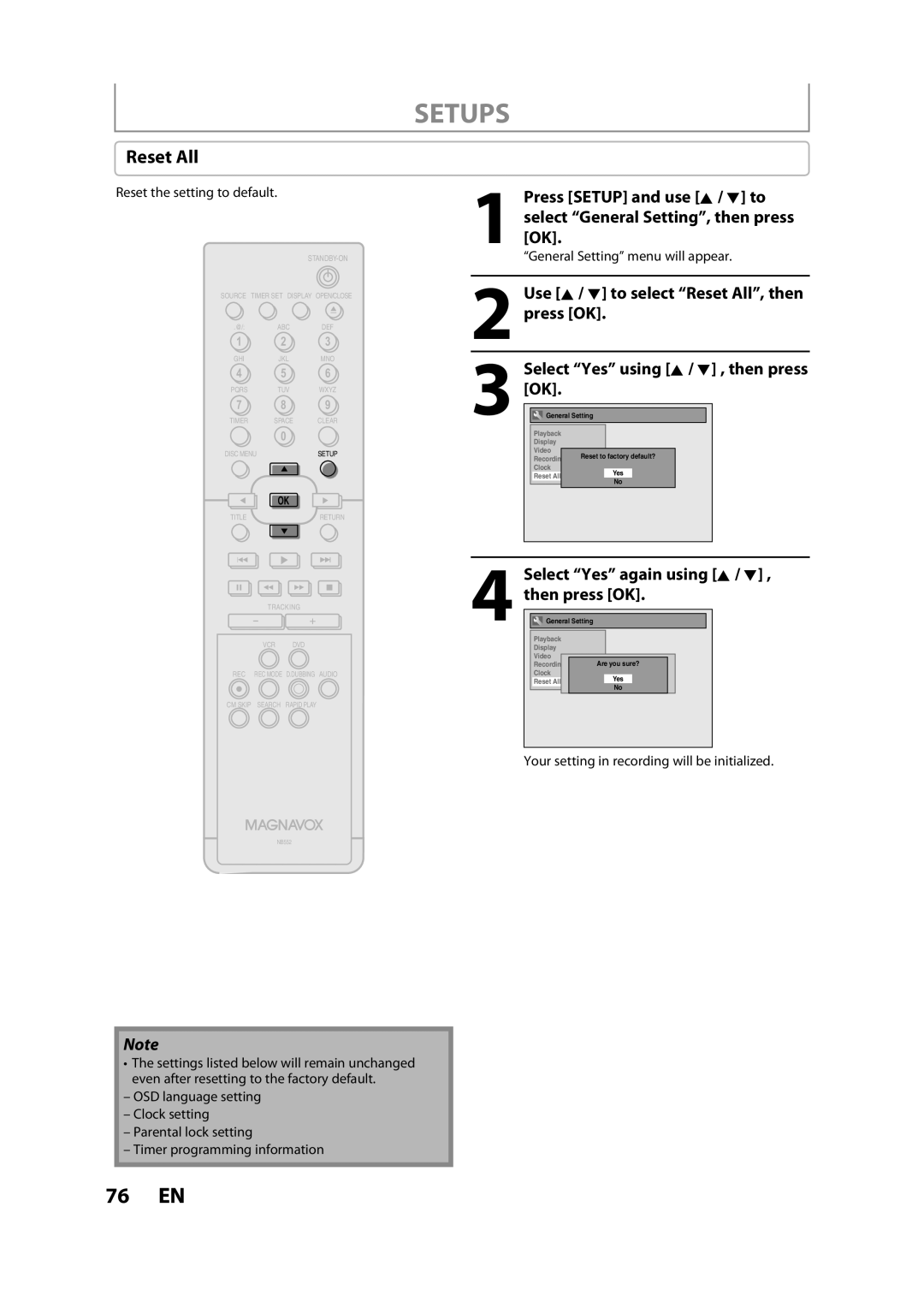 FUNAI BZV420MW8 owner manual Reset All, Reset the setting to default 