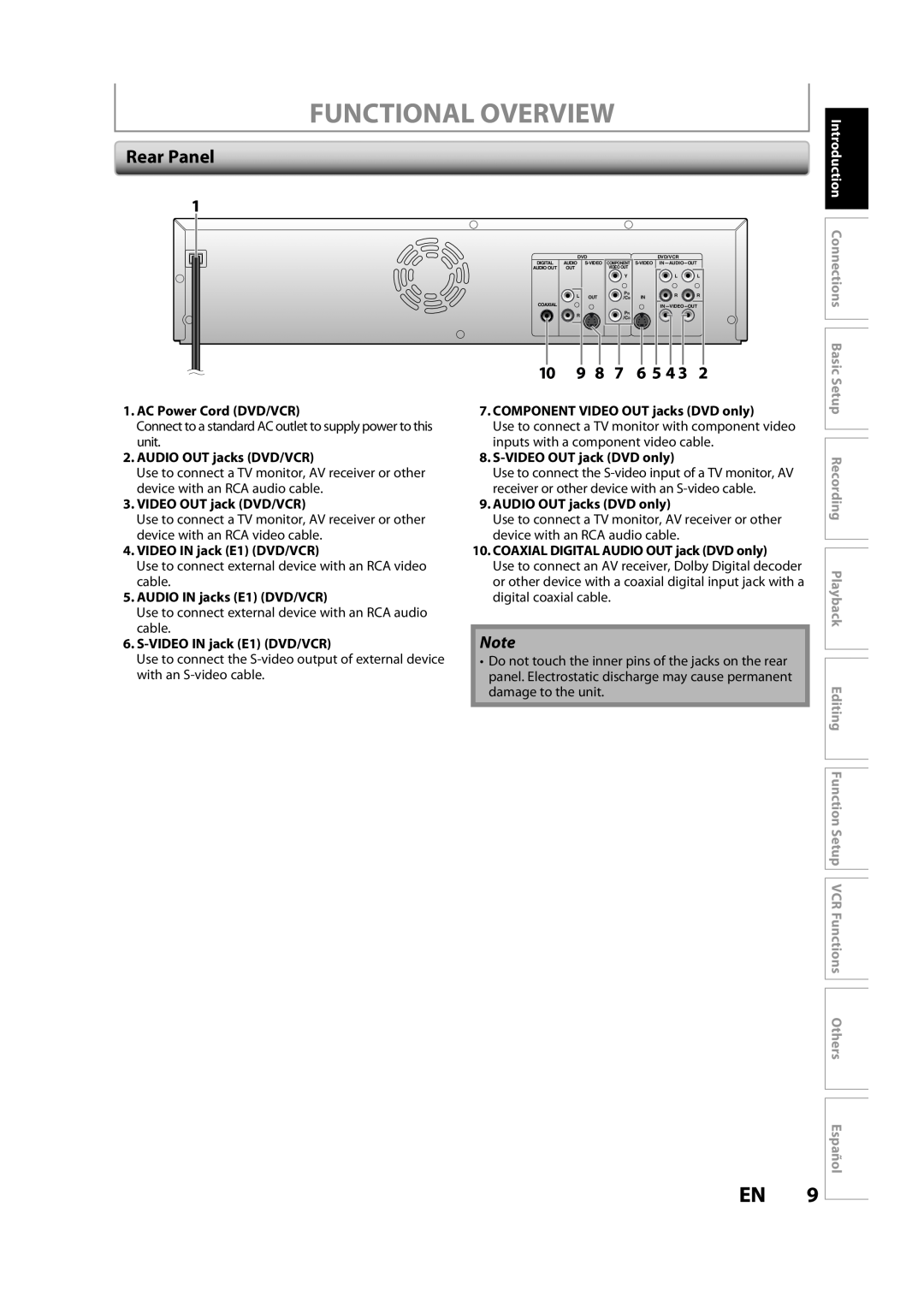 FUNAI BZV420MW8 Functional Overview, Rear Panel, 10 9 8 7 6 5 4 3, Introduction Connections Basic Setup, Español 
