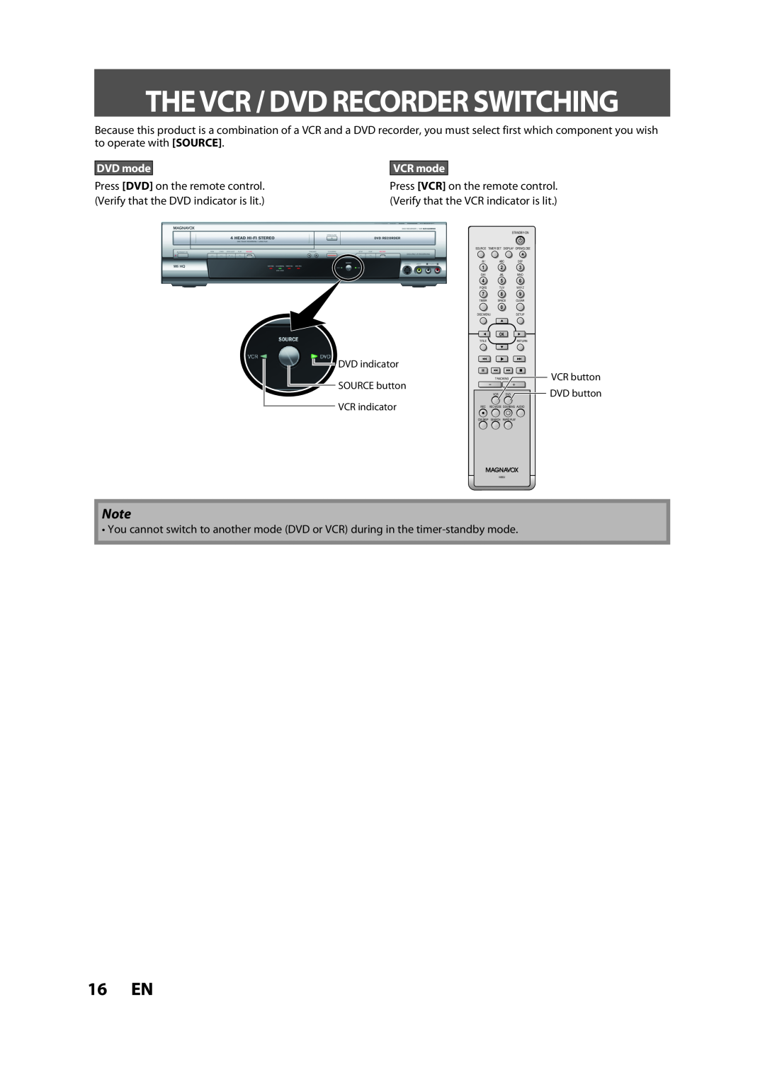 FUNAI BZV420MW8 owner manual 16 EN, Thevcr / Dvd Recorder Switching, DVD mode, VCR mode 