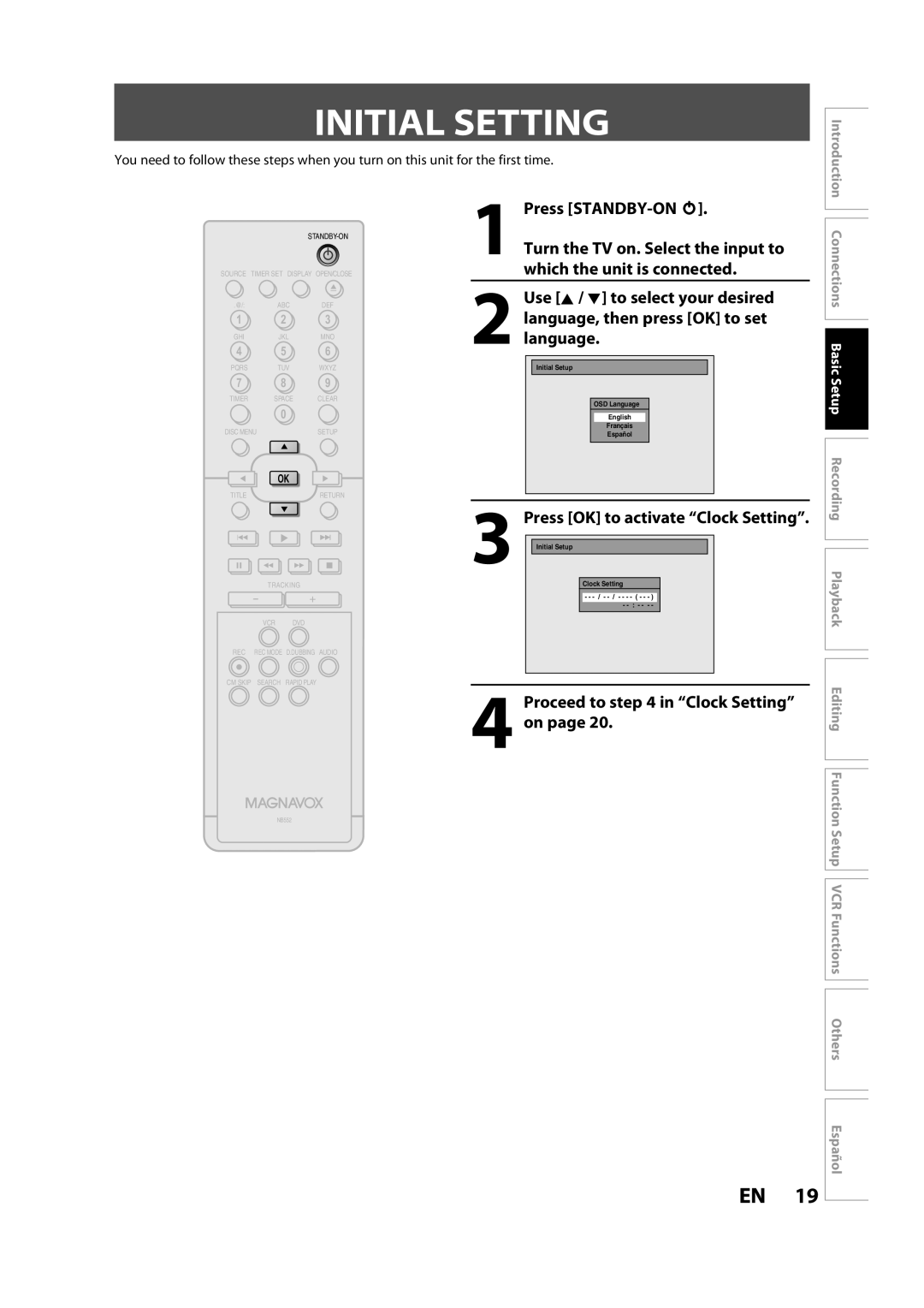 FUNAI BZV420MW8 Initial Setting, Press STANDBY-ON y, Turn the TV on. Select the input to which the unit is connected 