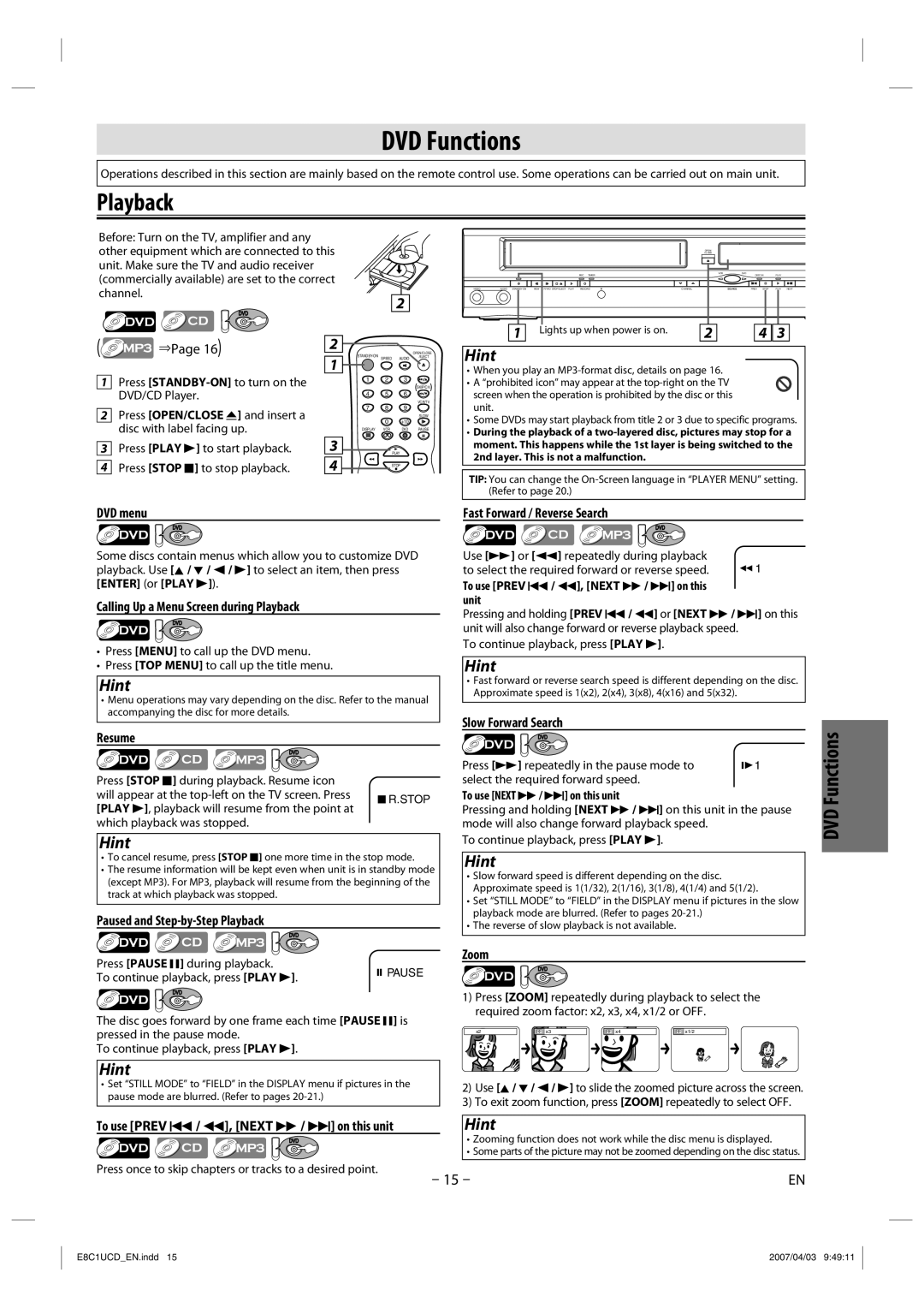 FUNAI CDV210HH8 owner manual DVD Functions 