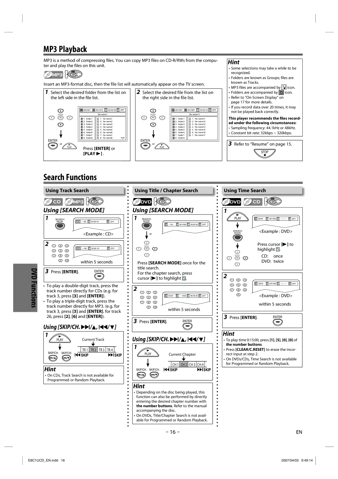 FUNAI CDV210HH8 MP3 Playback, Search Functions, Using Track Search, Using Title / Chapter Search, Using Time Search 