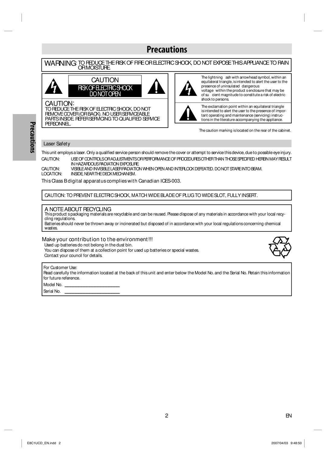 FUNAI CDV210HH8 owner manual Precautions, Laser Safety 