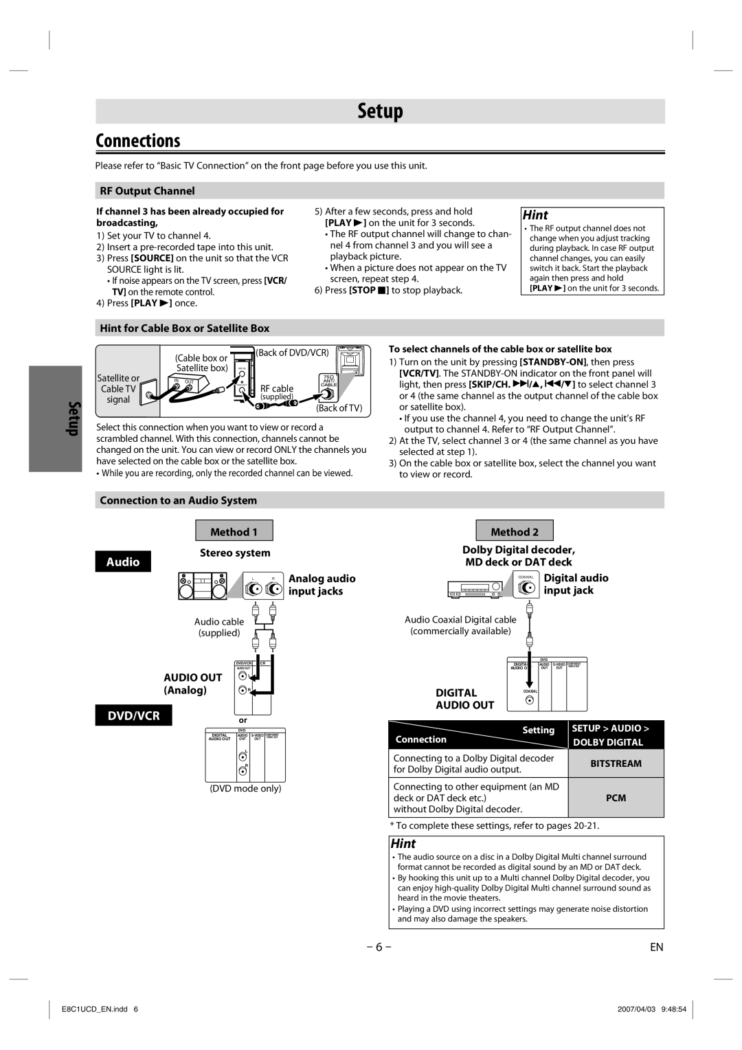 FUNAI CDV210HH8 owner manual Setup, Connections 