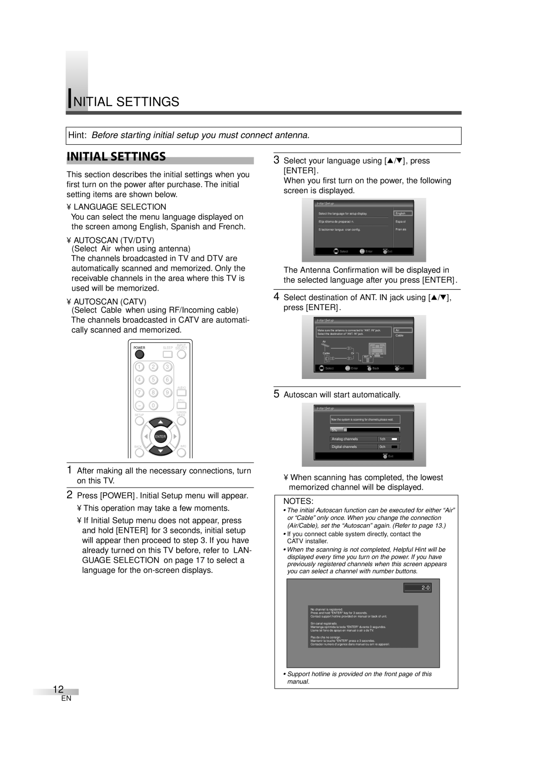 FUNAI CIWL2606 owner manual Initial Settings, Language Selection, Autoscan TV/DTV, Autoscan Catv 