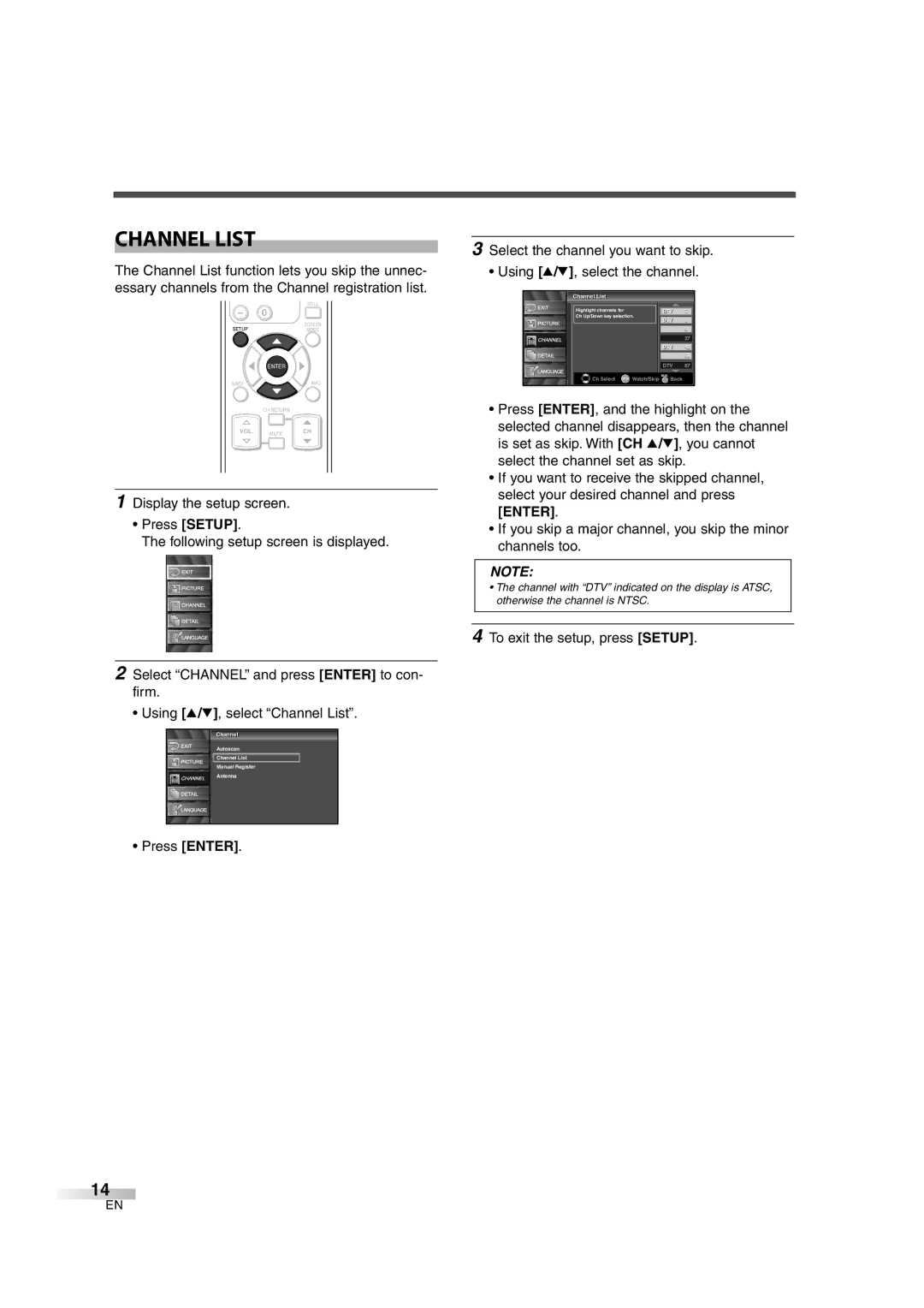 FUNAI CIWL2606 owner manual Channel List, To exit the setup, press Setup, Channell Listi 