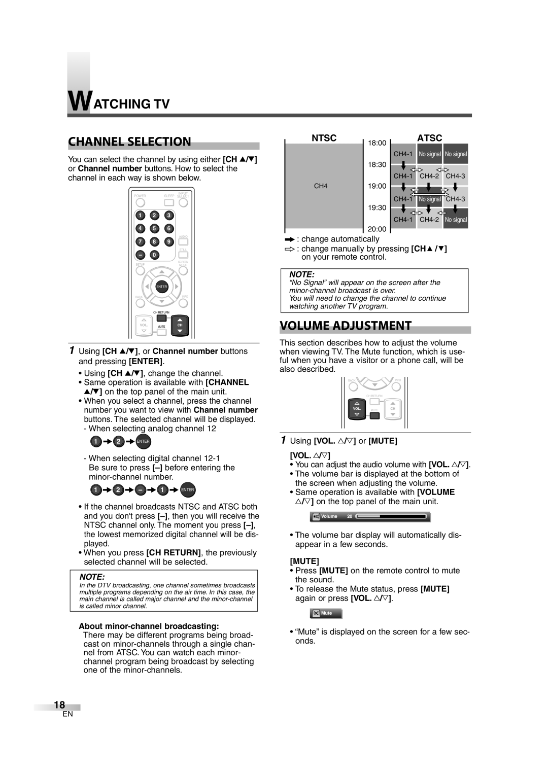 FUNAI CIWL2606 owner manual Watching TV Channel Selection, Volume Adjustment, Ntsc, Atsc, Mute 