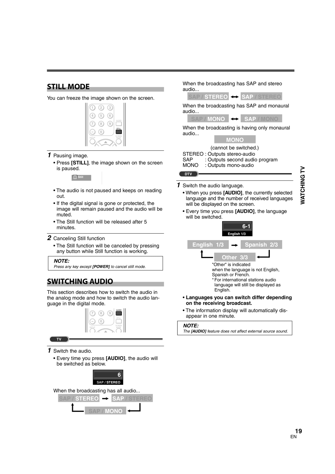 FUNAI CIWL2606 owner manual Still Mode, Switching Audio 