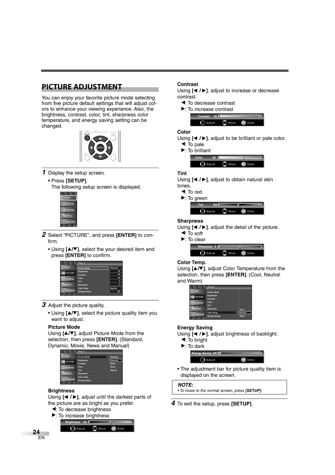 FUNAI CIWL2606 owner manual Picture Adjustment 