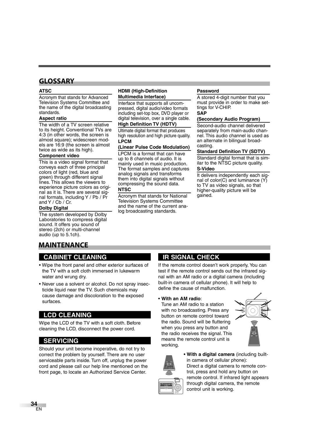 FUNAI CIWL2606 owner manual Glossary, Maintenance 