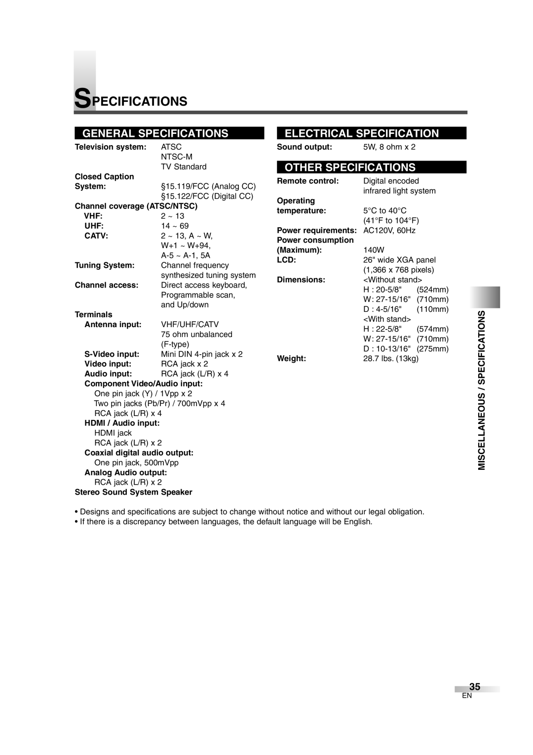 FUNAI CIWL2606 owner manual Miscellaneous / Specifications, Vhf Uhf, Catv, Lcd 