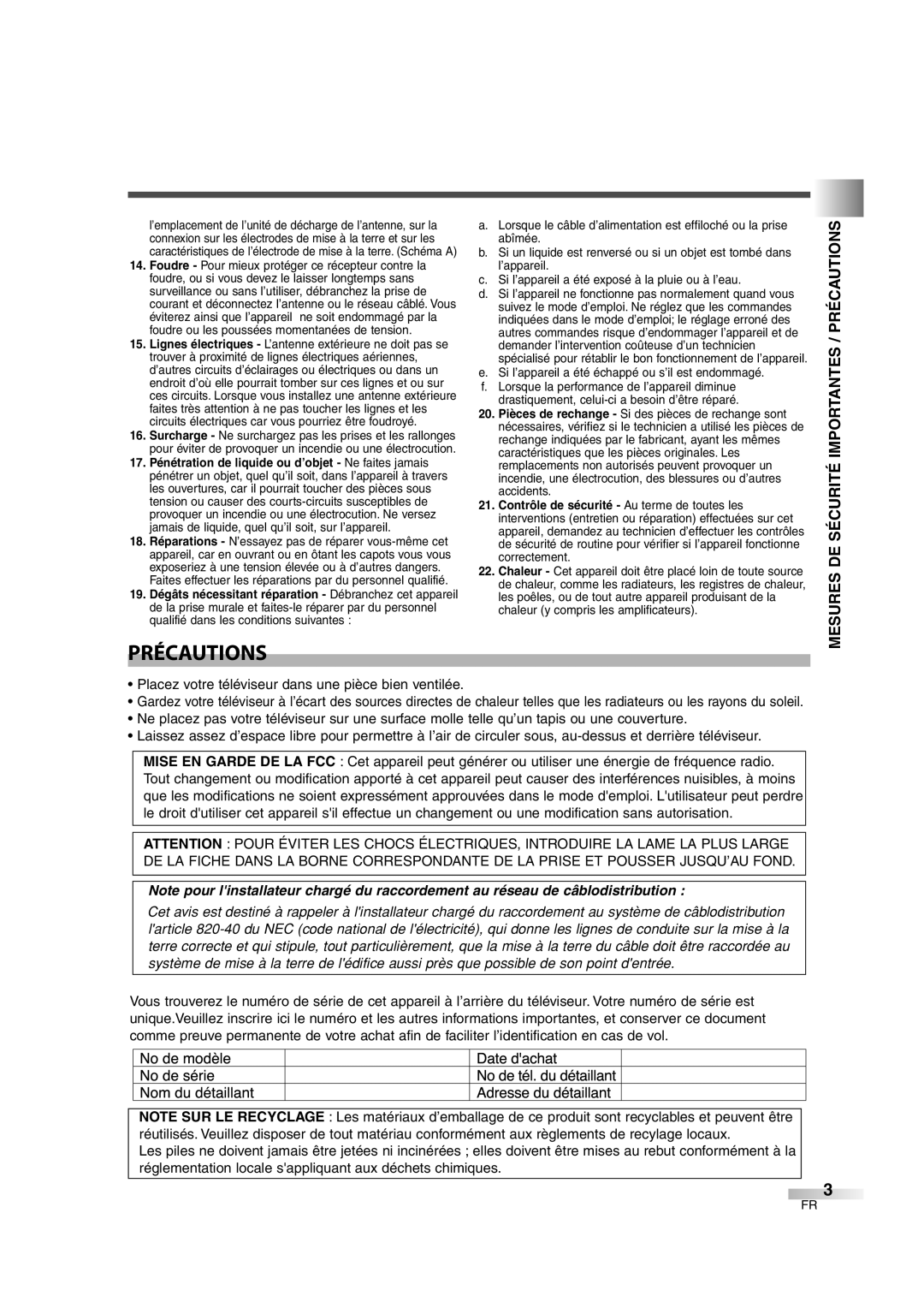 FUNAI CIWL2606 owner manual Mesures DE Sécurité Importantes / Précautions 