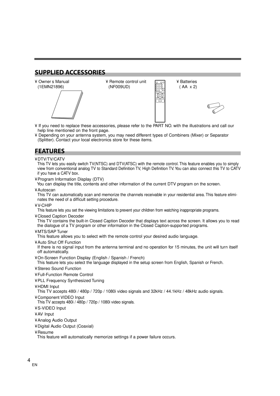 FUNAI CIWL2606 owner manual Supplied Accessories, Features, Dtv/Tv/Catv, Chip 