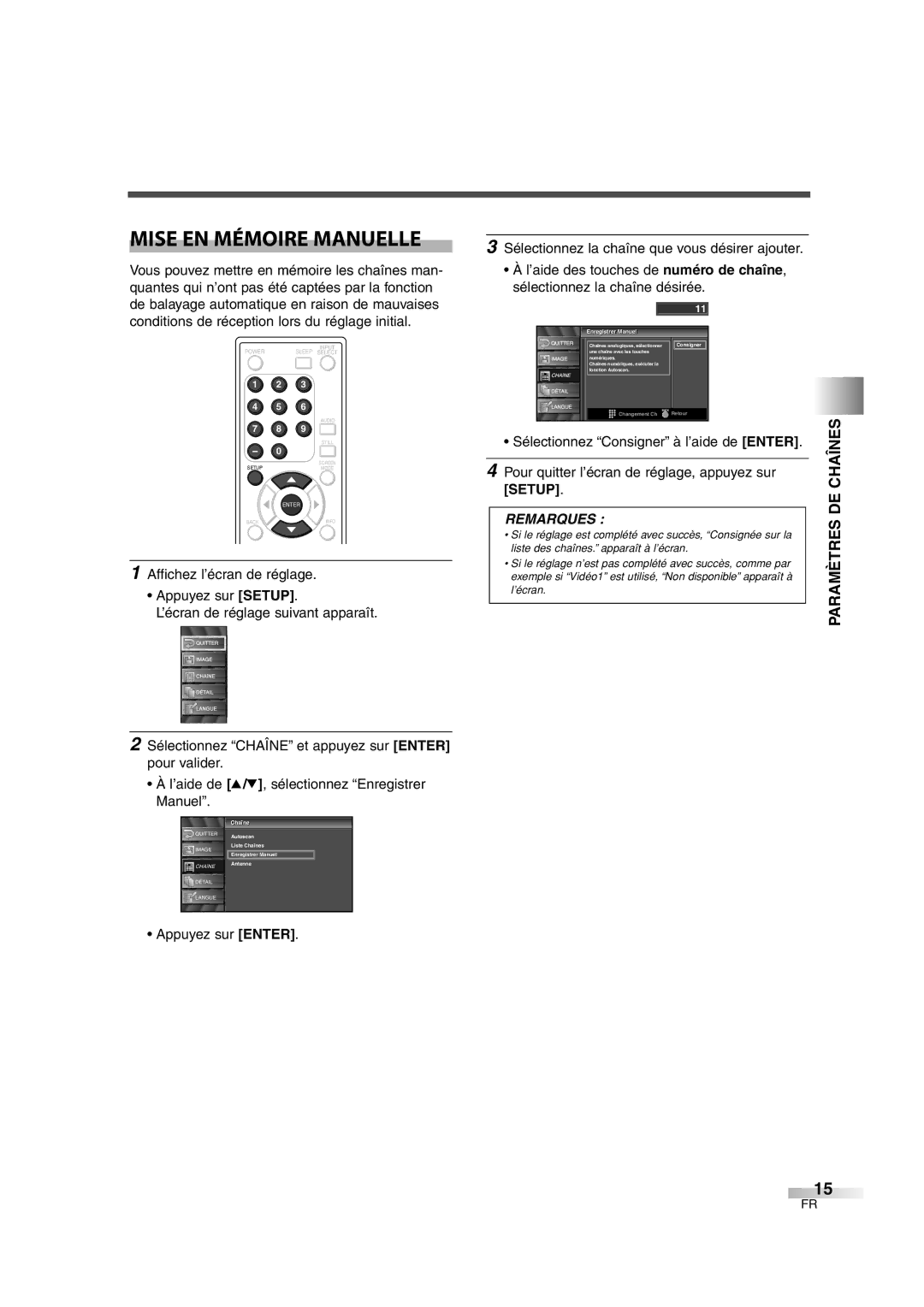 FUNAI CIWL2606 owner manual Mise EN Mémoire Manuelle, Paramètres DE Chaînes, Manuel l 