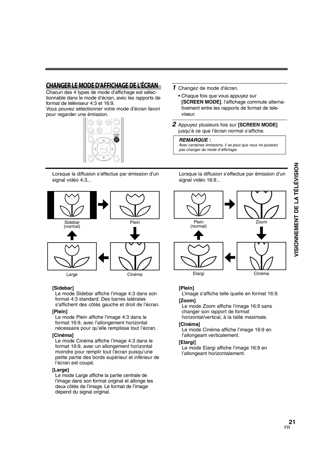 FUNAI CIWL2606 owner manual Visionnement DE LA Télévision, Plein, Cinéma, Large, Elargi 