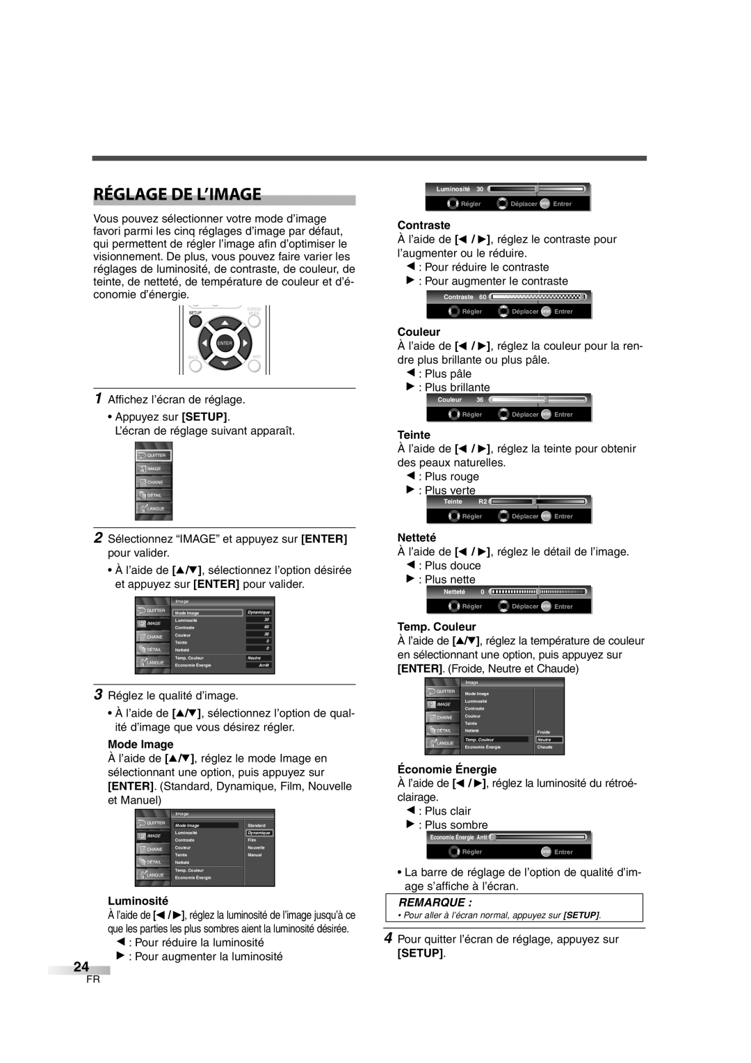 FUNAI CIWL2606 owner manual Réglage DE L’IMAGE 