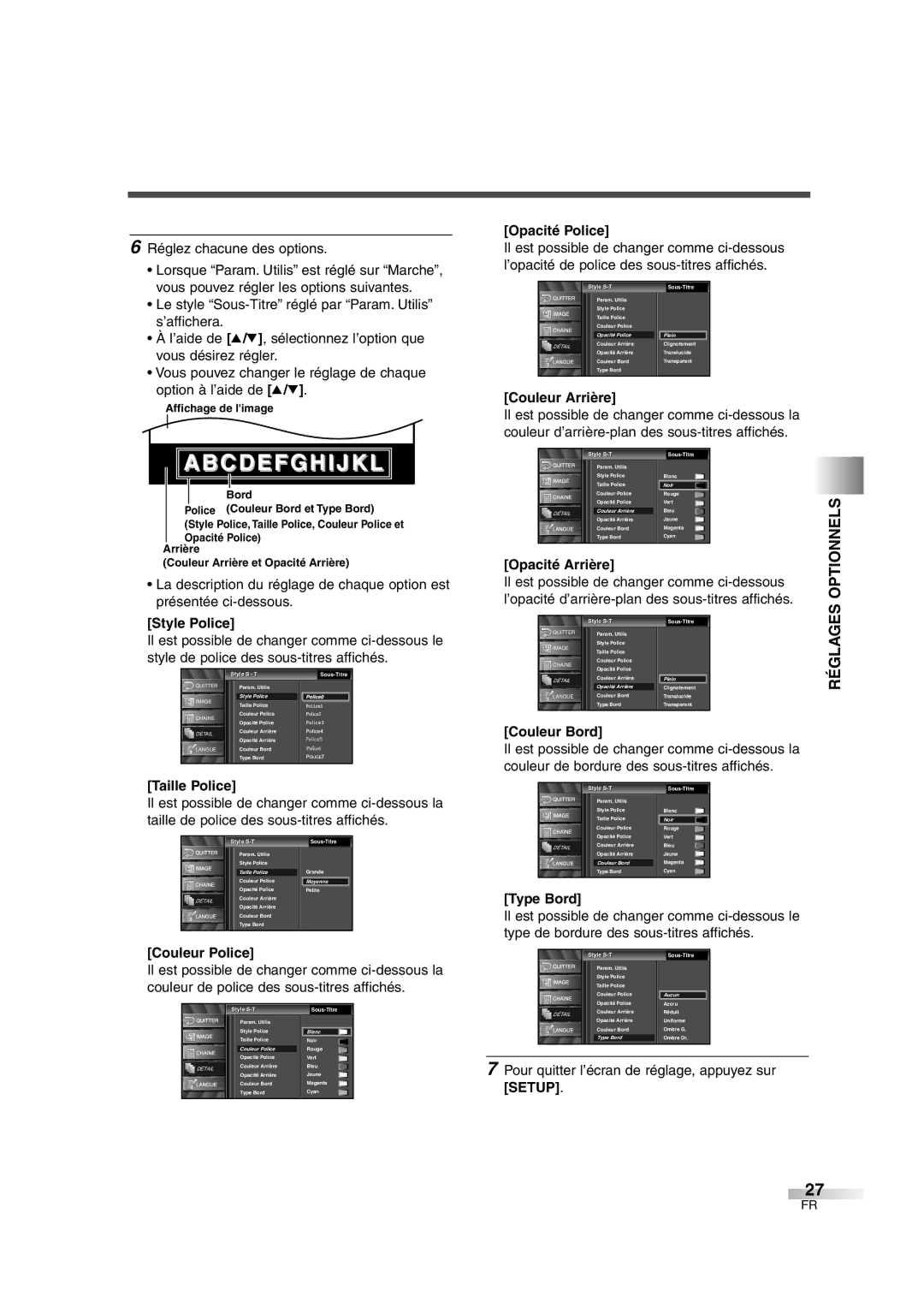 FUNAI CIWL2606 owner manual Réglages Optionnels 