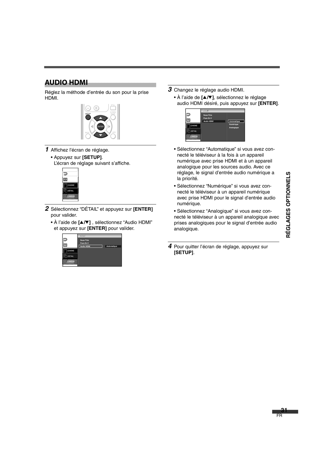 FUNAI CIWL2606 owner manual Audio Hdmi, Réglez la méthode d’entrée du son pour la prise Hdmi 