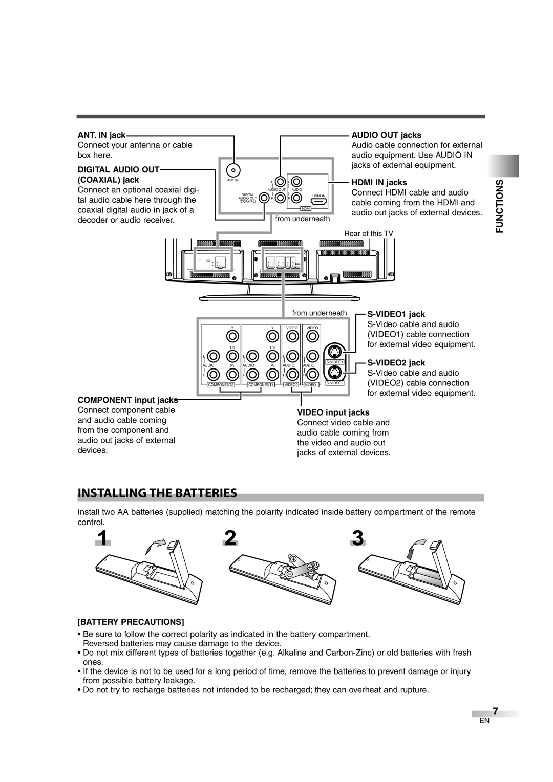 FUNAI CIWL2606 owner manual Installing the Batteries, Functions, Battery Precautions 