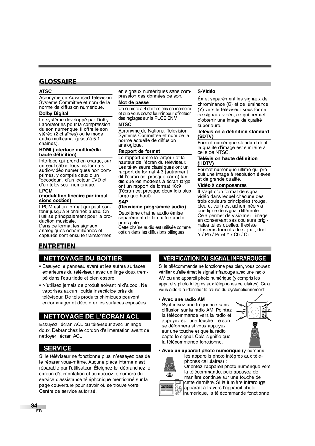 FUNAI CIWL2606 owner manual Glossaire, Entretien 