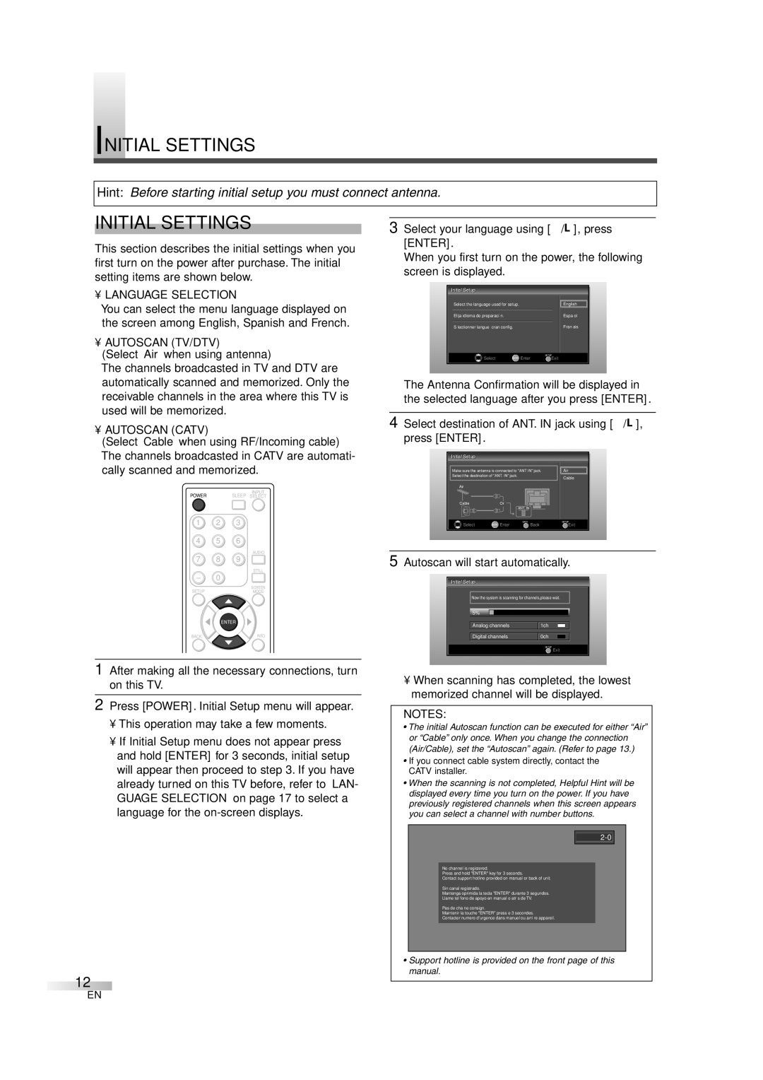 FUNAI CIWL3206 owner manual Initial Settings, Language Selection, Autoscan TV/DTV, Autoscan Catv 