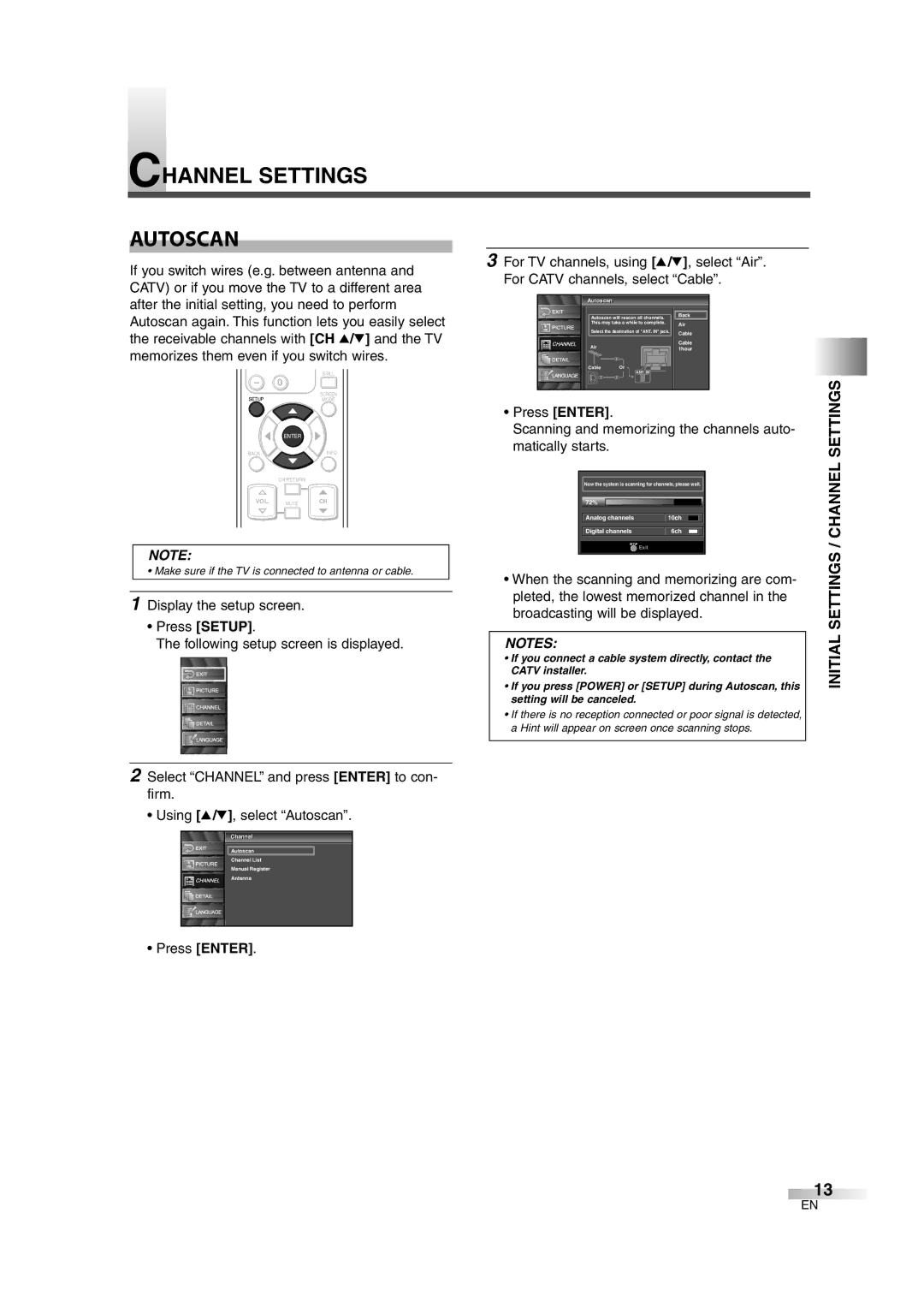 FUNAI CIWL3206 owner manual Channel Settings Autoscan, Initial Settings / Channel Settings, Press Enter 