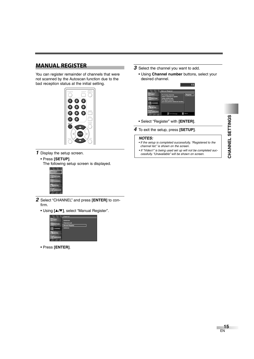 FUNAI CIWL3206 owner manual Manual Register, Channel Settings, Select Register with Enter To exit the setup, press Setup 