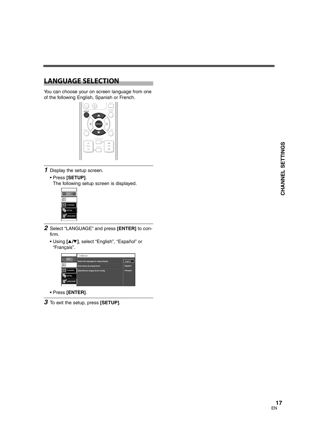 FUNAI CIWL3206 owner manual Language Selection, Press Enter To exit the setup, press Setup 