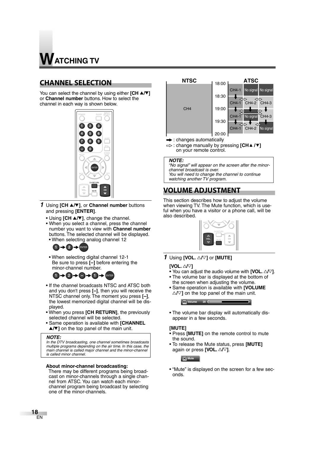 FUNAI CIWL3206 owner manual Watching TV Channel Selection, Volume Adjustment, Ntsc, Atsc, Mute 