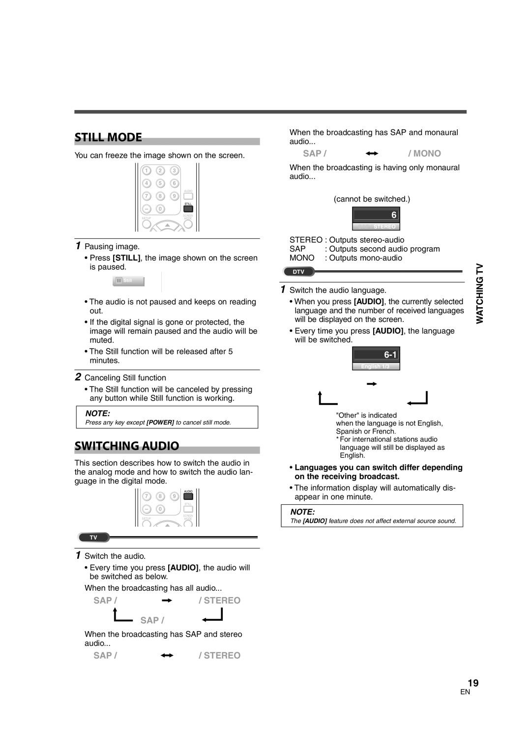 FUNAI CIWL3206 owner manual Still Mode, Switching Audio 