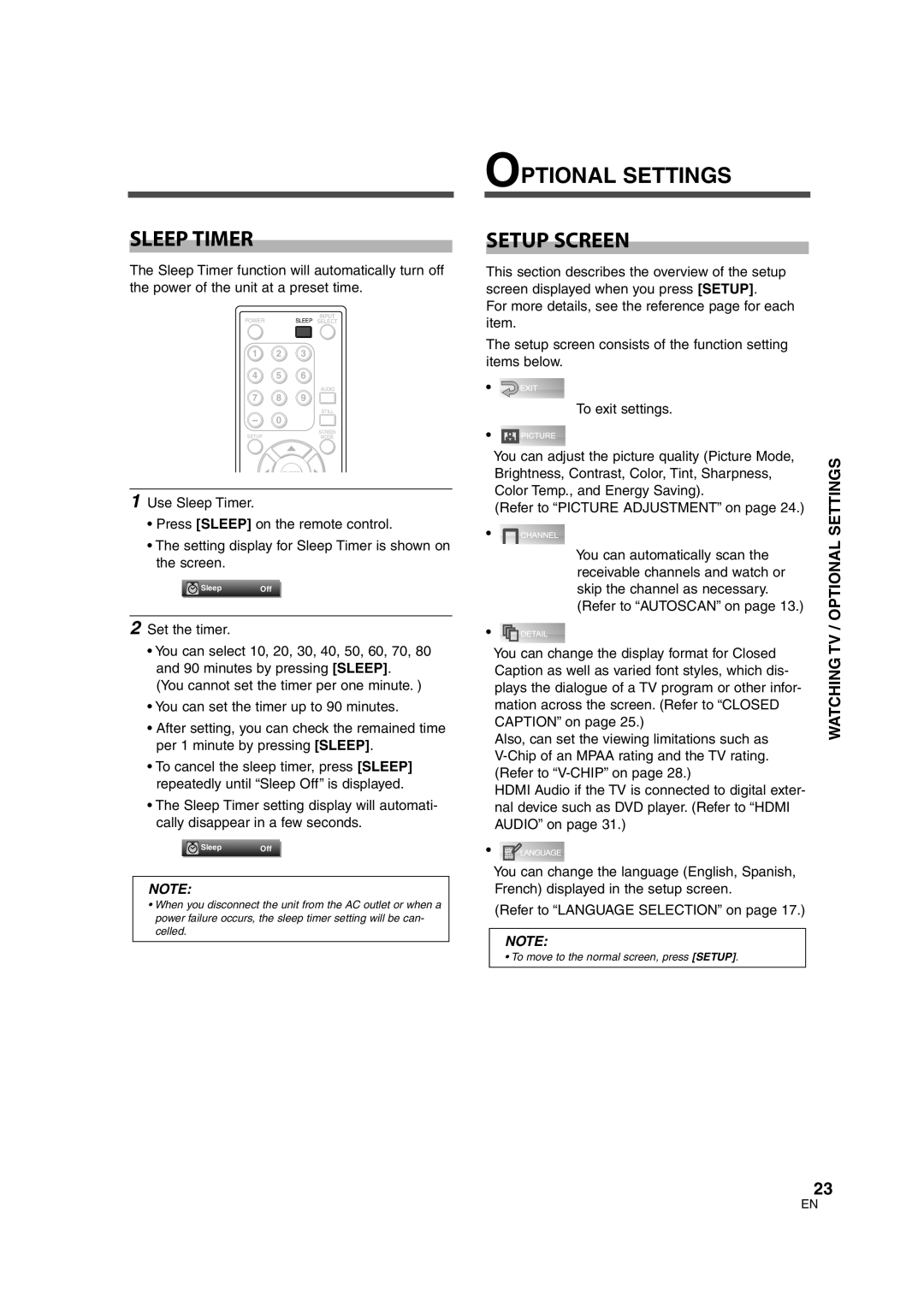 FUNAI CIWL3206 owner manual Sleep Timer, Optional Settings Setup Screen, Watching TV / Optional Settings 