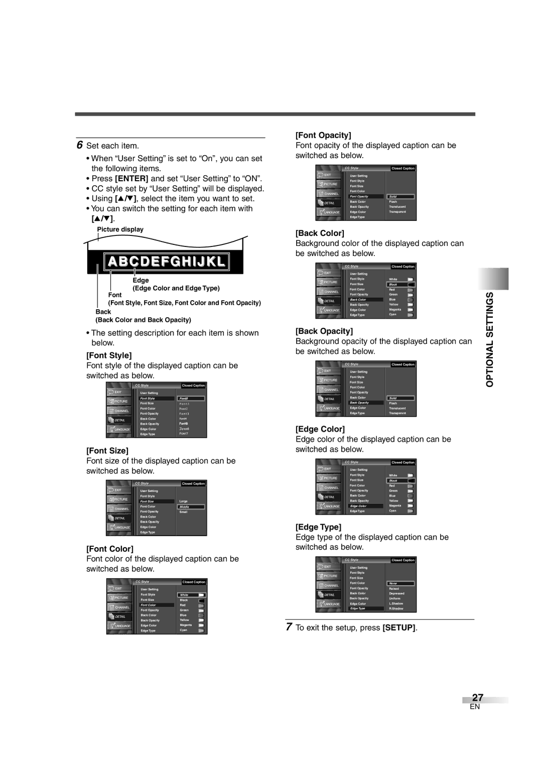 FUNAI CIWL3206 owner manual Settings, Optional 