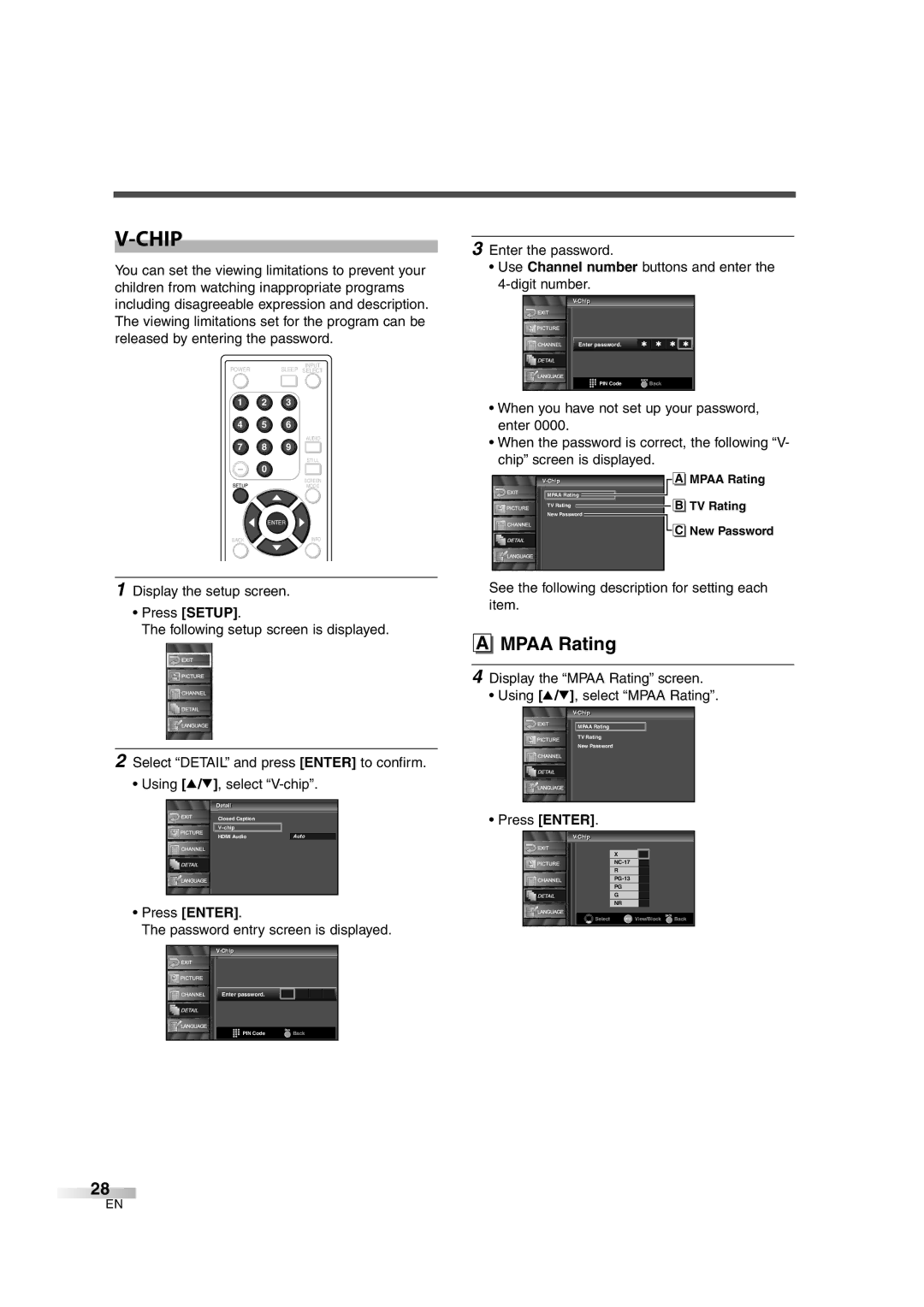 FUNAI CIWL3206 Chip, Press Enter Password entry screen is displayed, See the following description for setting each item 