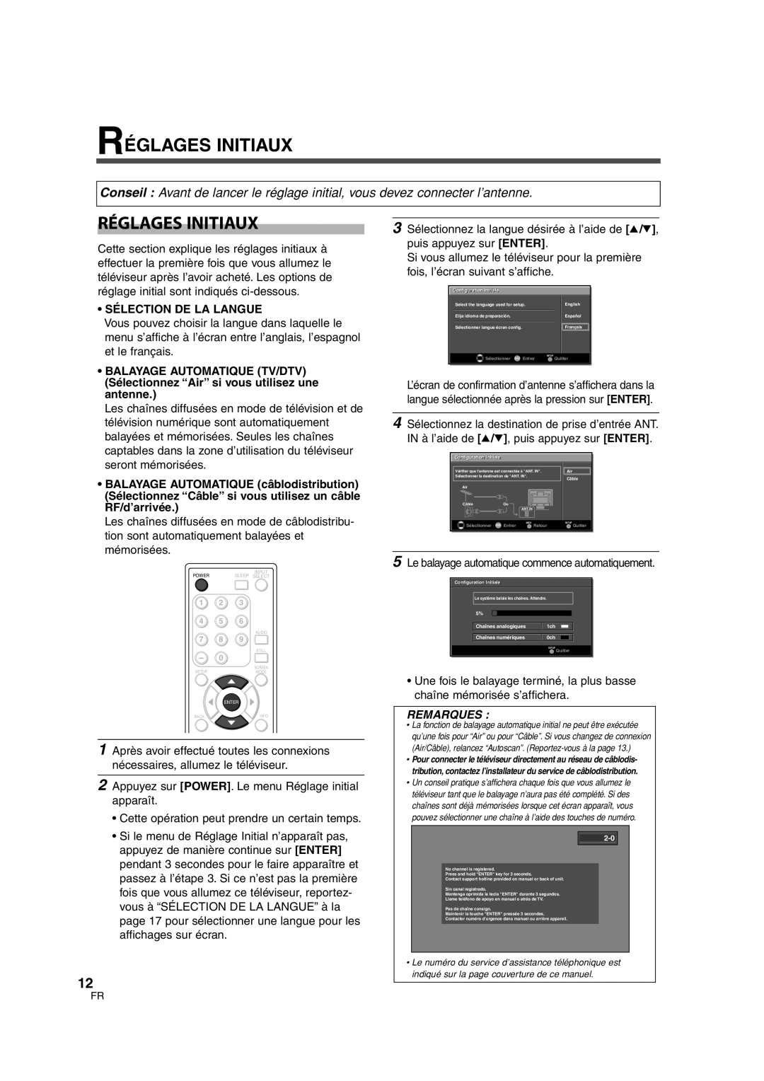 FUNAI CIWL3206 owner manual Réglages Initiaux, Sélection DE LA Langue, Le balayage automatique commence automatiquement 