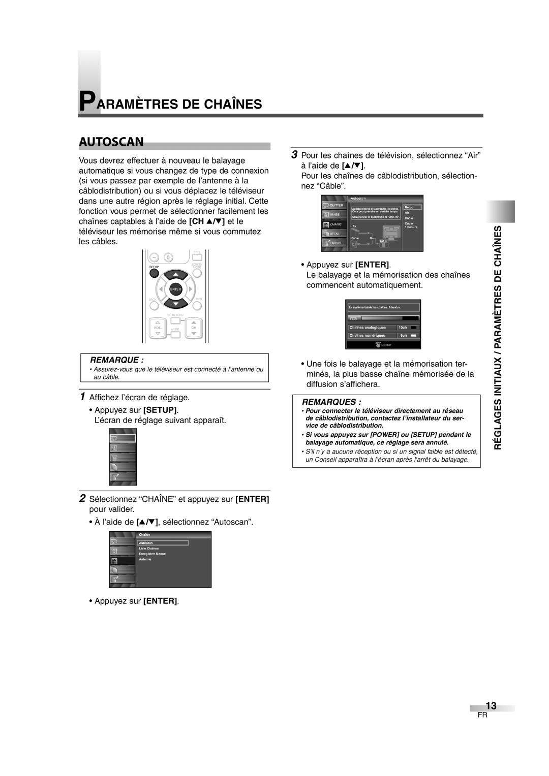 FUNAI CIWL3206 Paramètres DE Chaînes Autoscan, Réglages Initiaux / Paramètres DE Chaînes, Les câbles, Appuyez sur Enter 