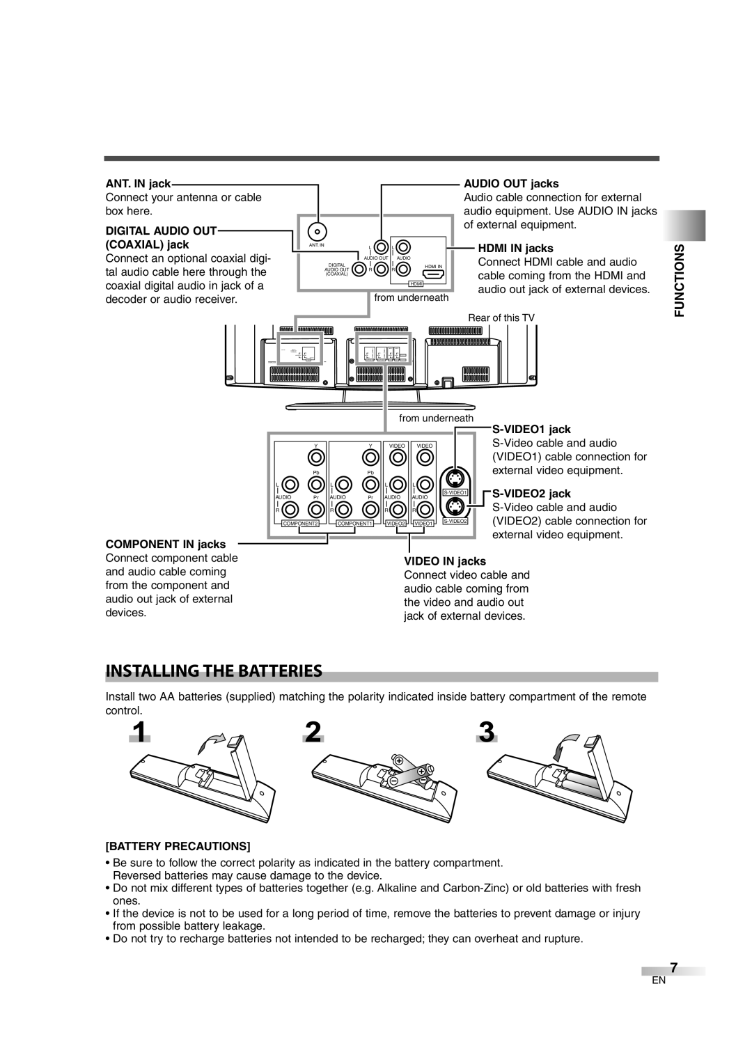 FUNAI CIWL3206 owner manual Installing the Batteries, Functions, Battery Precautions 