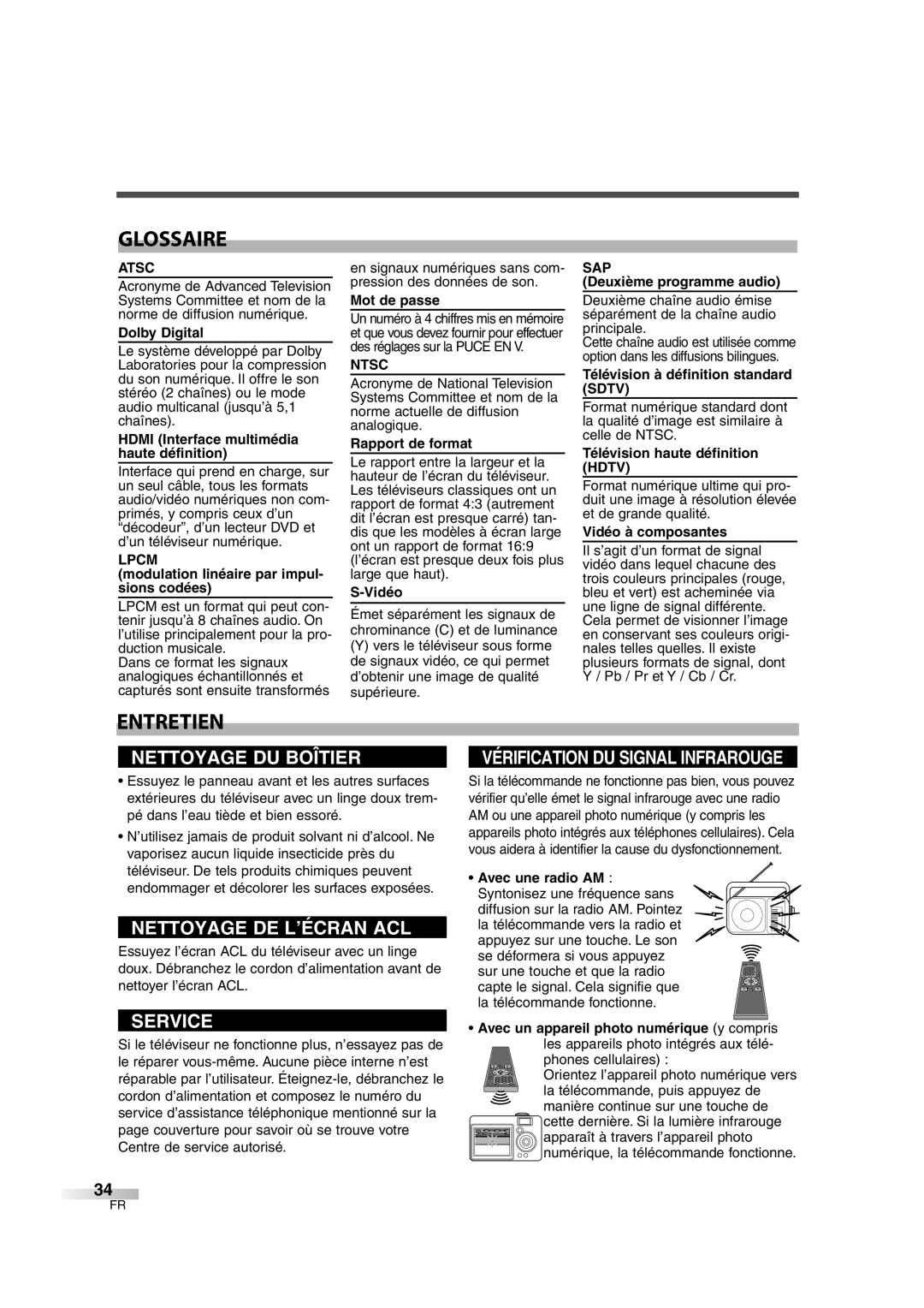 FUNAI CIWL3206 owner manual Glossaire, Entretien 