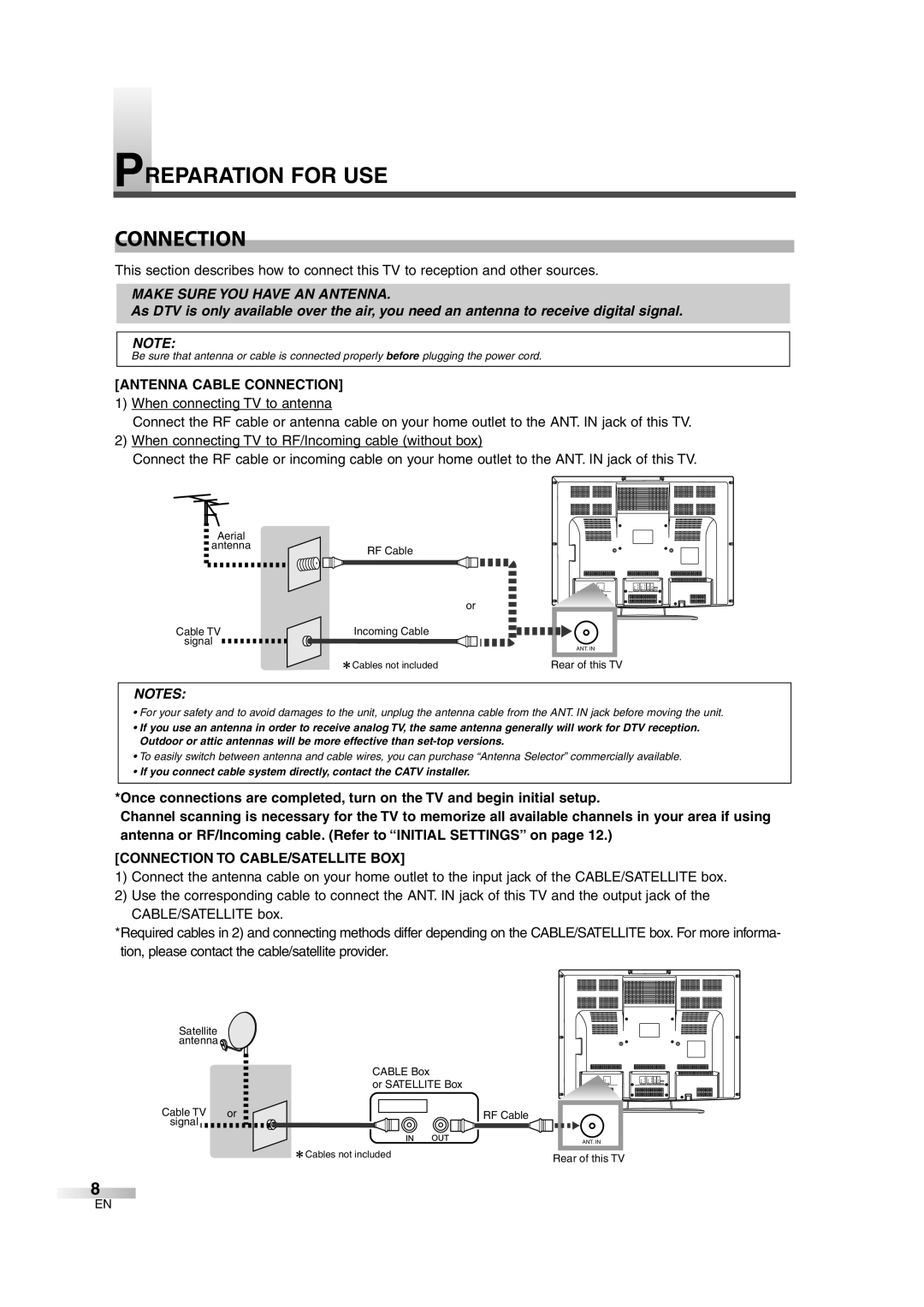 FUNAI CIWL3206 owner manual Preparation for USE Connection, Antenna Cable Connection, Connection to CABLE/SATELLITE BOX 