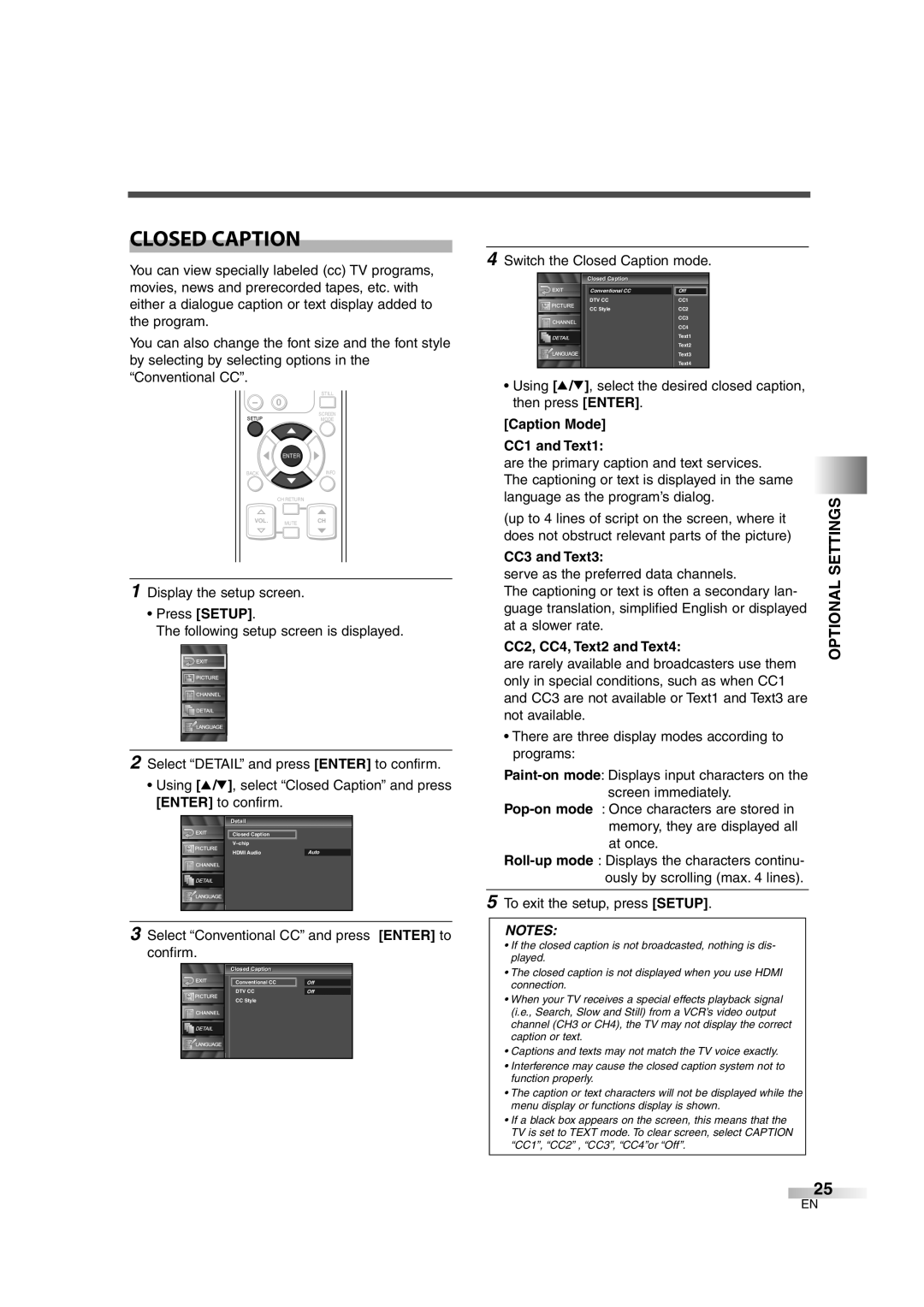 FUNAI CIWL3206 owner manual Closed Caption, Caption Mode, CC1 and Text1, CC3 and Text3, CC2, CC4, Text2 and Text4 