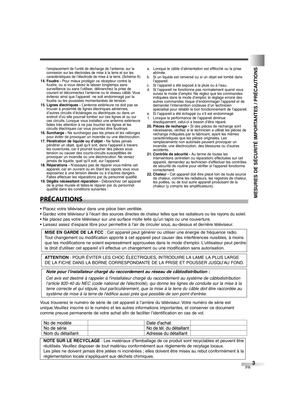 FUNAI CIWL3206 owner manual Mesures De Sécurité Importantes / Précautions 