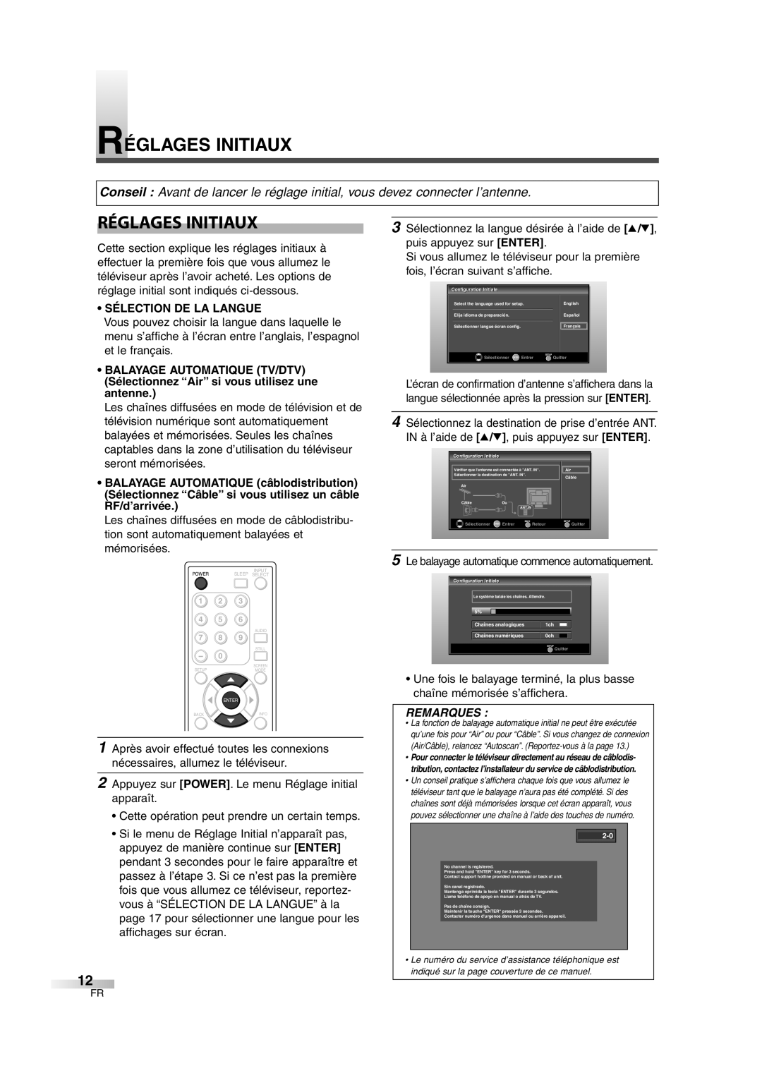 FUNAI CIWL3206 owner manual Réglages Initiaux, Sélection De La Langue, Remarques 