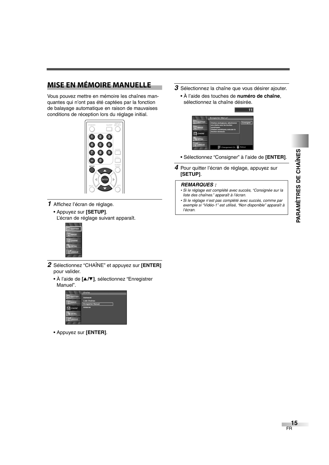 FUNAI CIWL3206 owner manual Mise En Mémoire Manuelle, Paramètres De Chaînes, Remarques 